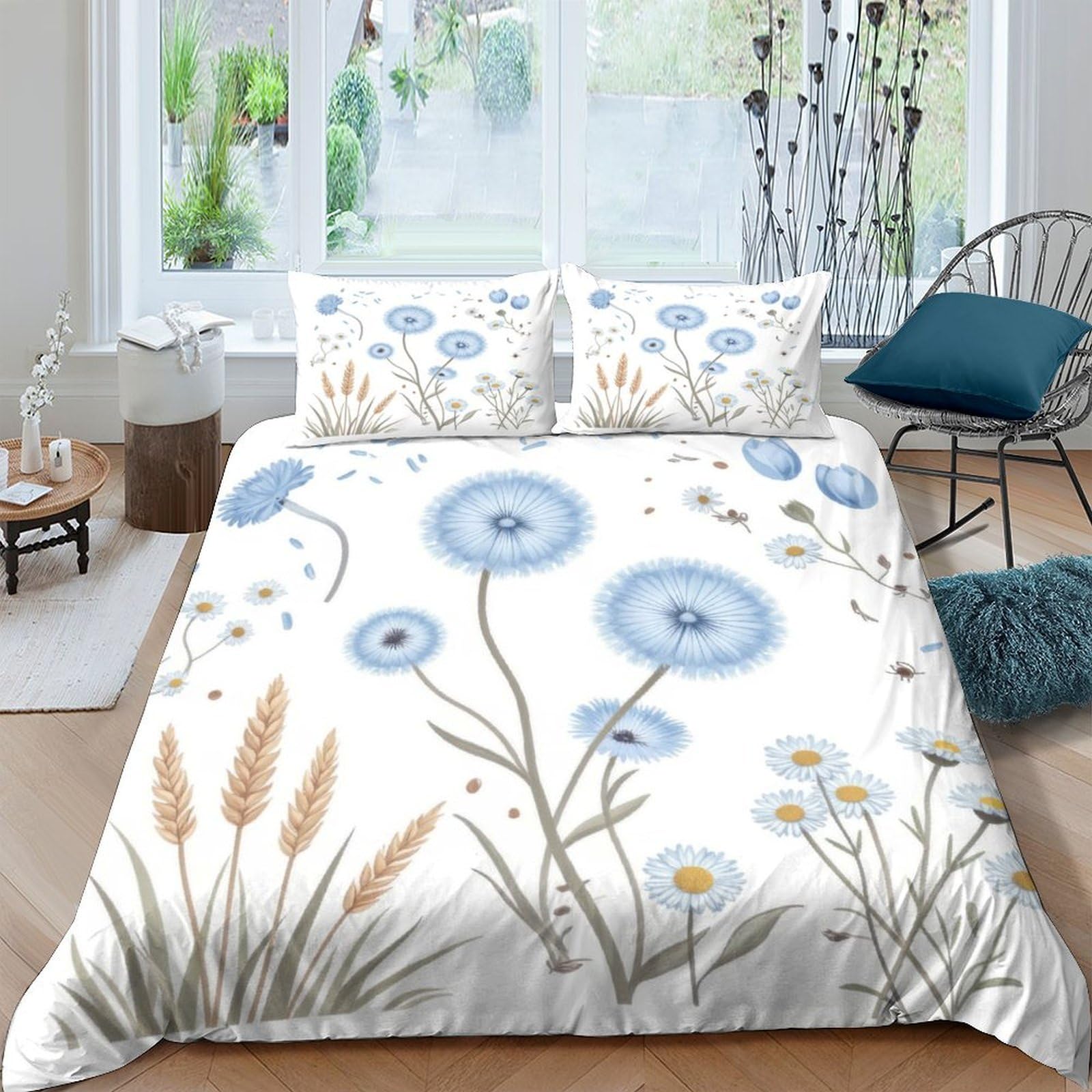 Ctjqhvkz Style-4 3D Printed Blue Dandelion Fitted Sheet Microfiber Soft Floral Meadow Bed Cover For Bedroom Guest Room Easy Care Single（135X200cm）