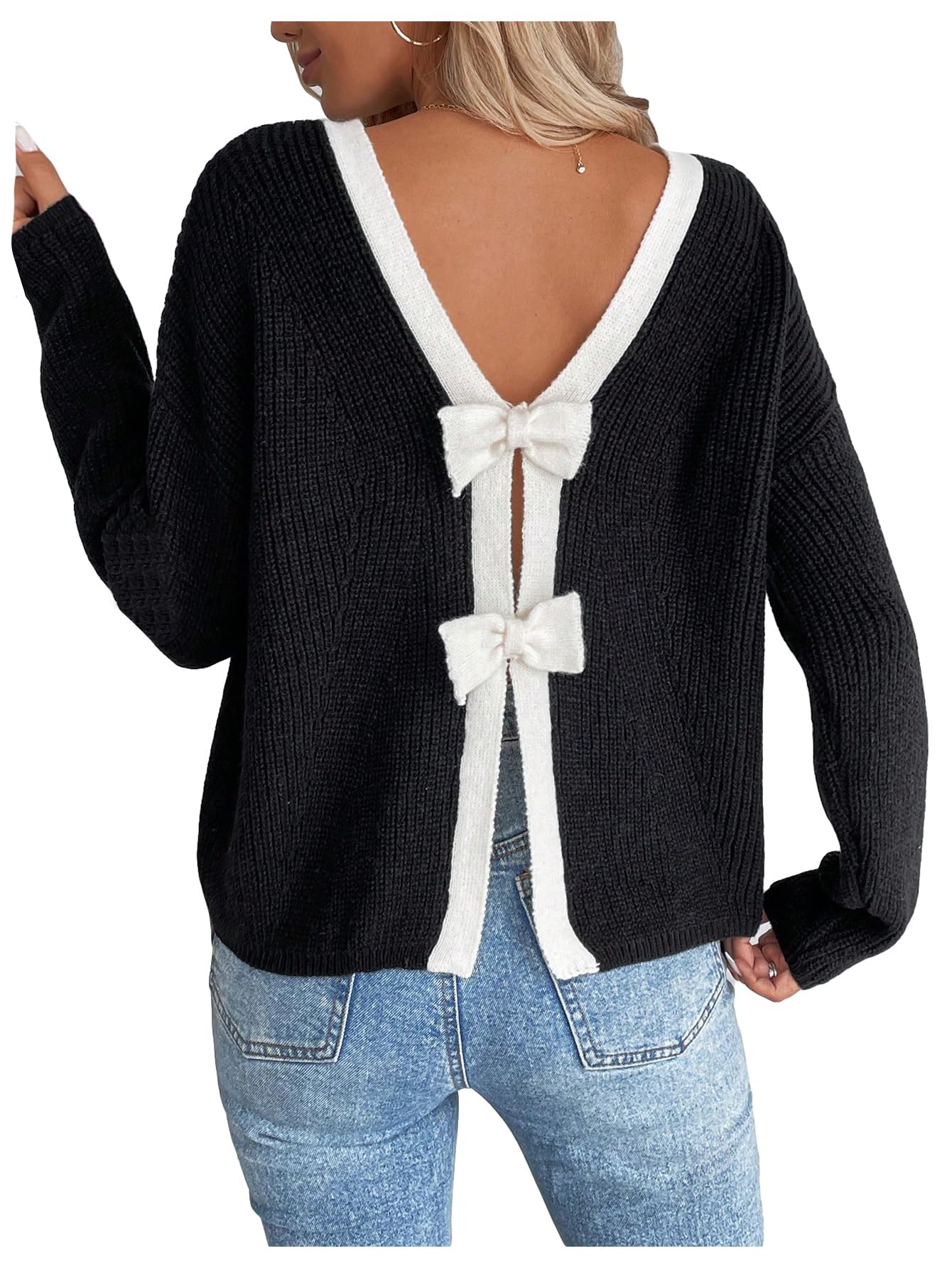 GORGLITTER Womens Bow Sweater Open Back Long Sleeve Knitted Colorblock Pullover Trendy Fall Fahion 2025