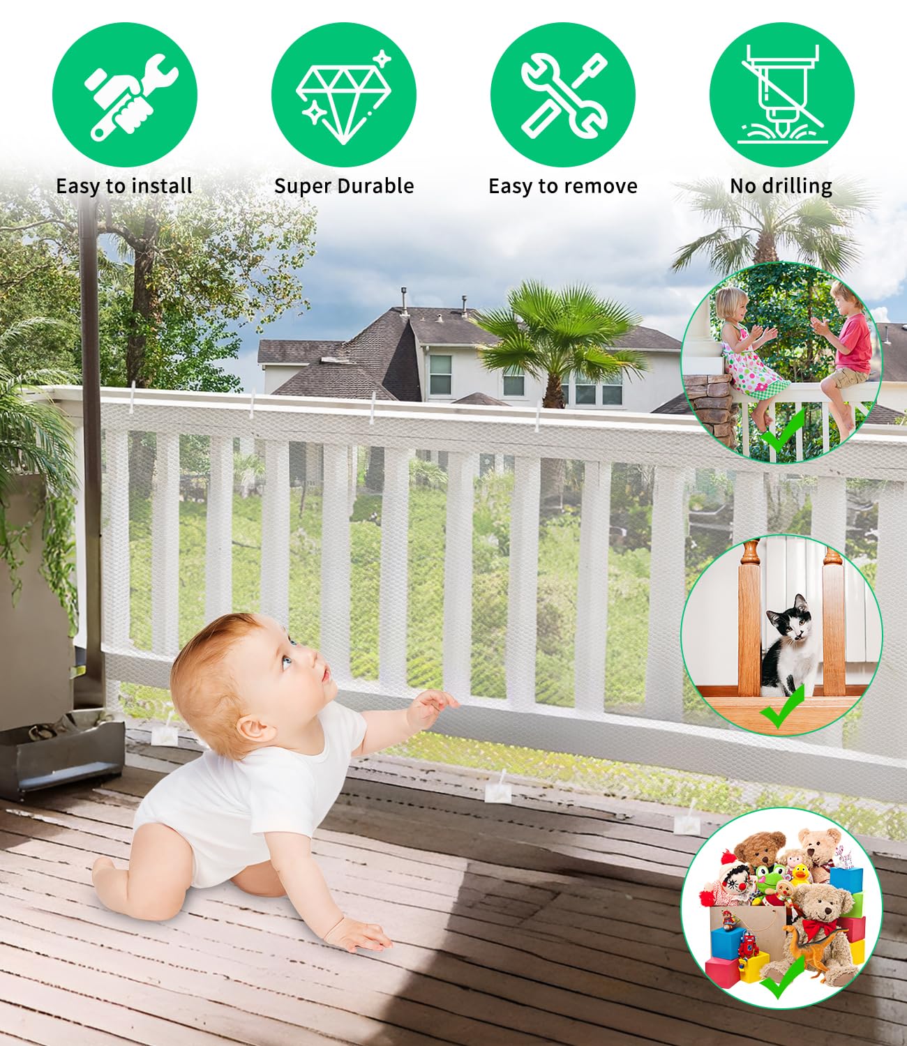 Red de Seguridad Infantil, Red de Seguridad Niños para Escaleras, Barandillas y Vallas, Red de Seguridad para Balcones robustas y Ajustable para niños, Mascotas y Juguetes, 300 x 90 cm, Blanco