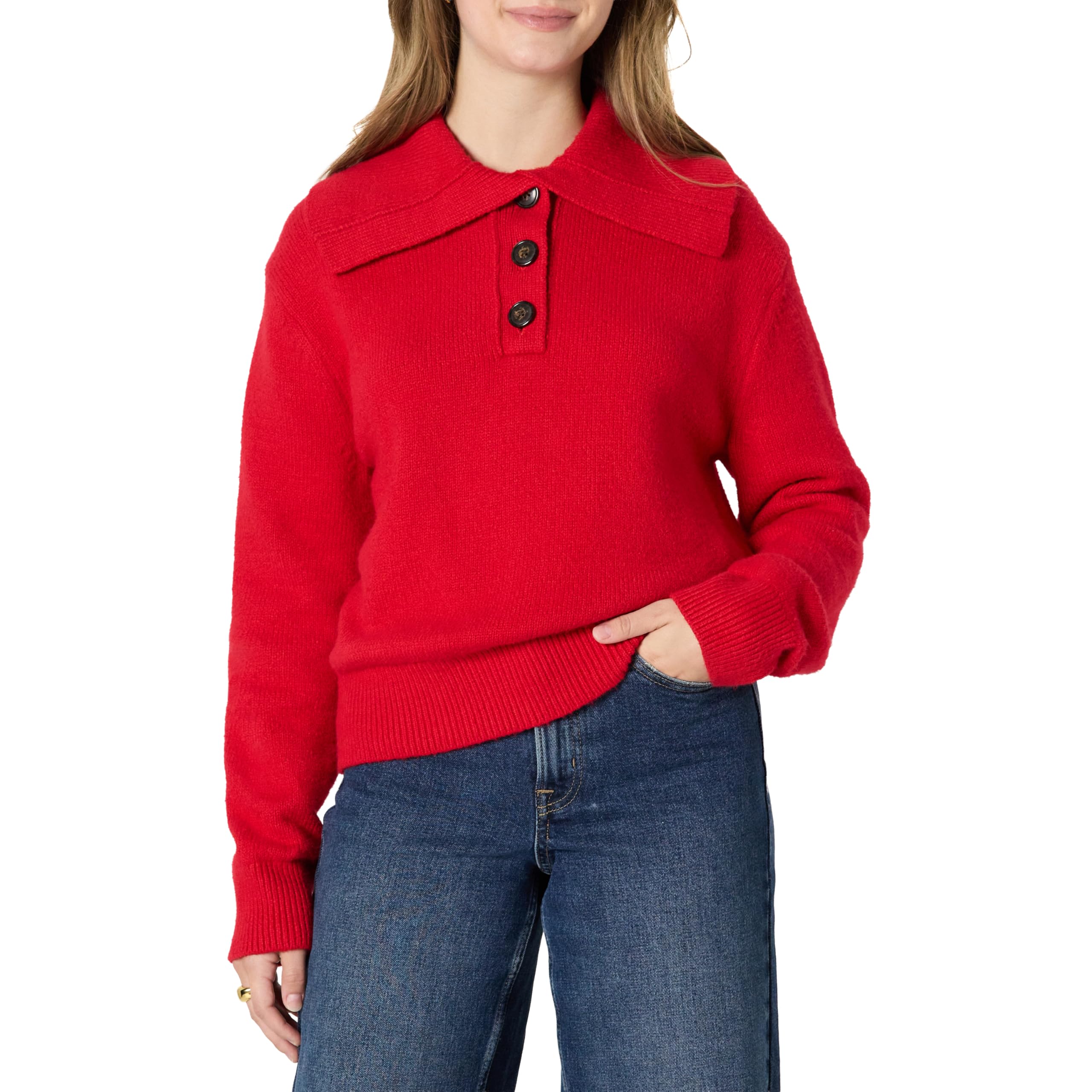 Women's Relaxed-Fit Button Collar Sweater, Ribbed, Soft Cotton Blend, Dropped Shoulders