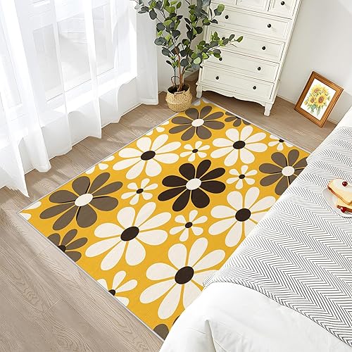 Miniatura 3 de Alfombra de los años 70 de 5 x 8 pulgadas, diseño de flores geniales para sala de estar y dormitorio, alfombra floral retro, lavable,