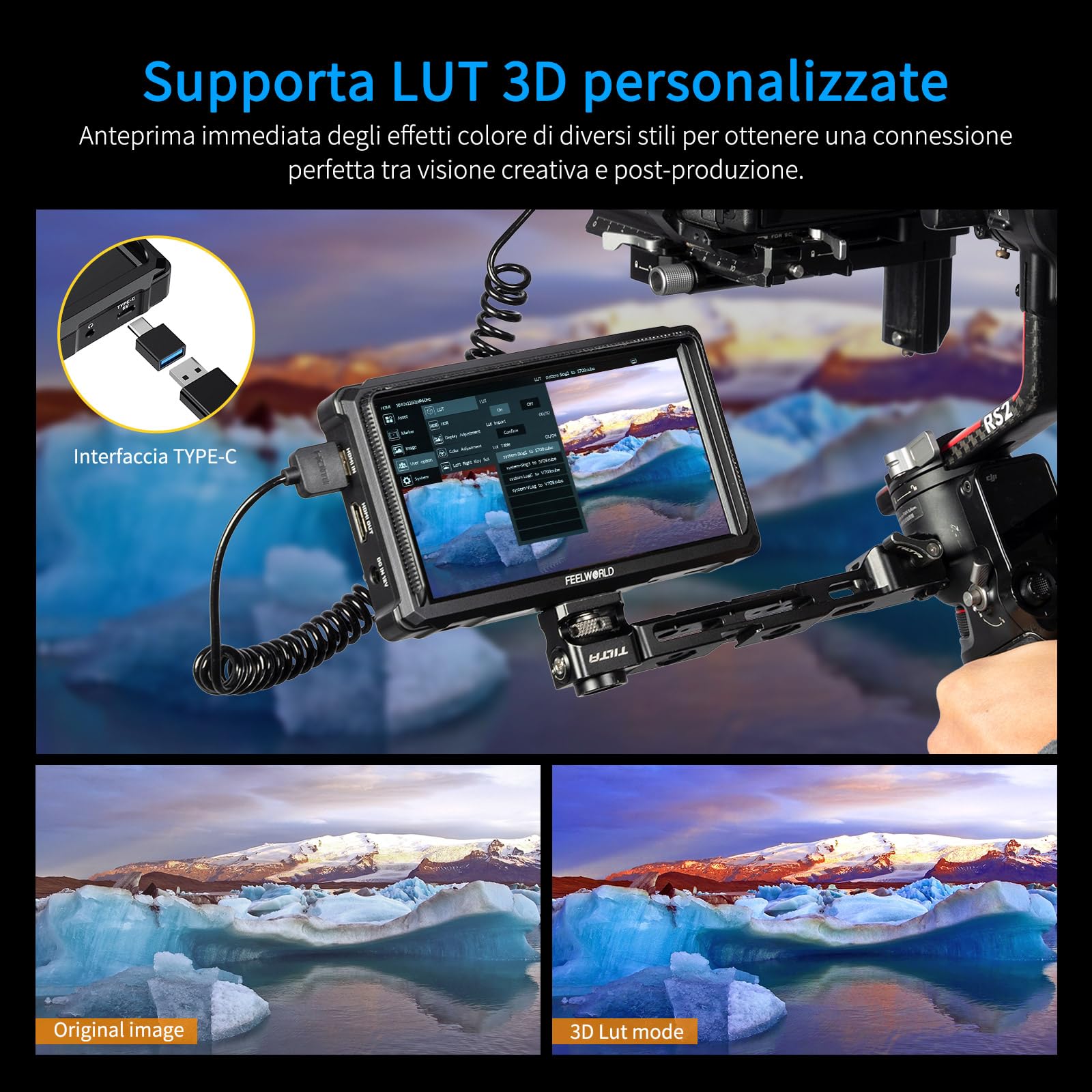 FEELWORLD FW568PRO 6 Pollici Monitor da Campo,1200nit DSLR Monitor Fotocamera con batteria F750 e borsa per il trasporto 4K HDMI, 3D Lut Focus Peaking Assist Full Waveform Video Field Monitor