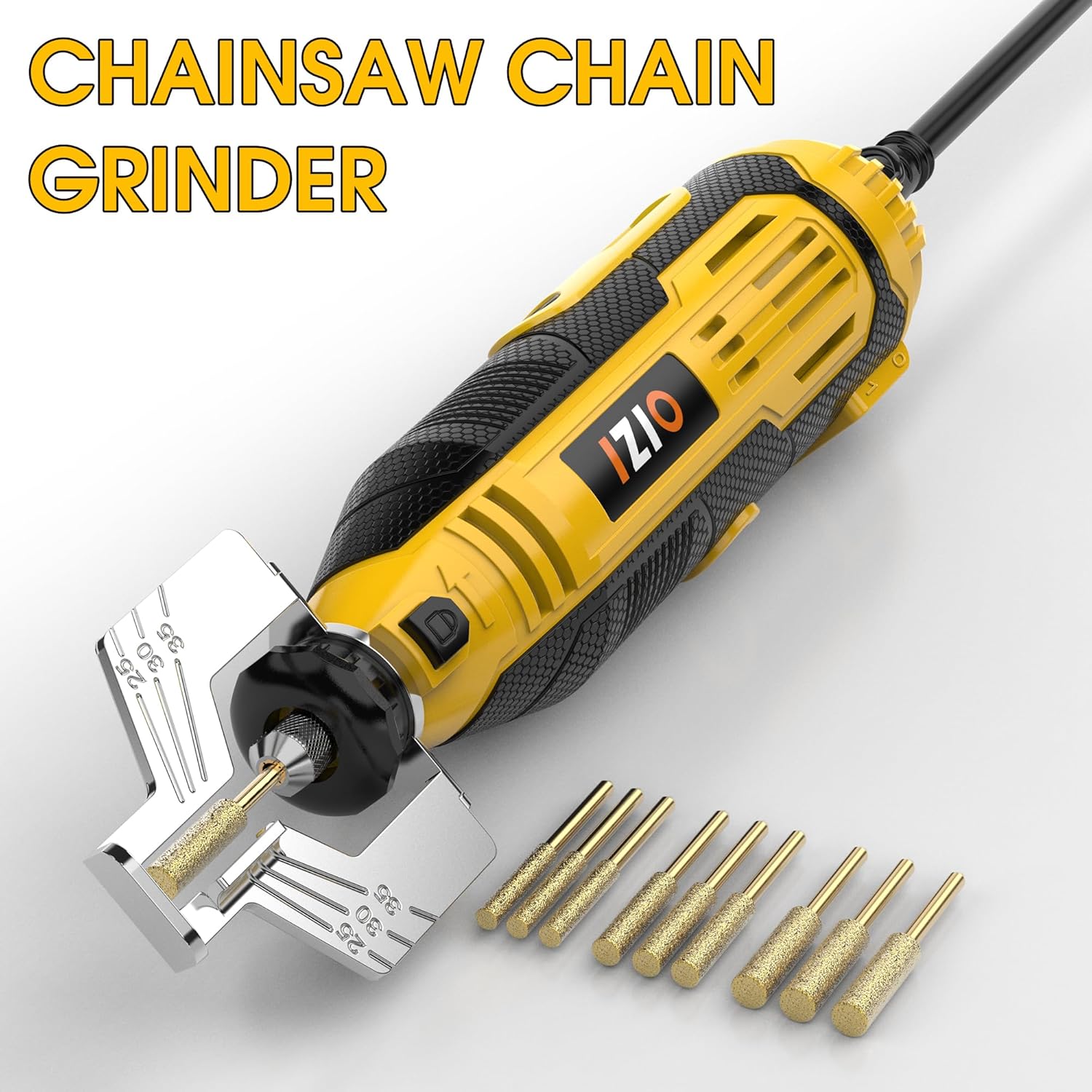 IZIO Yellow Professional Electric Chainsaw Sharpener Kit with 9 Grinding Heads & Precision Guide Plate – High-Speed 8000-32000 RPM for All Chains (0.325” to 3/8” Pitch)