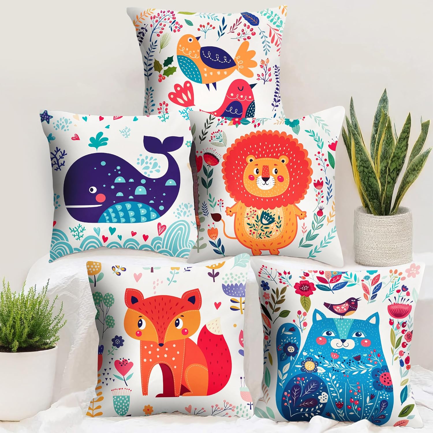 Story@Home Cushion Cover Set of 5 Cartoon Baby Animals Printed Decorative Pillow Cushion Covers – 16 in x 16 inch, Polyester, Multicolor