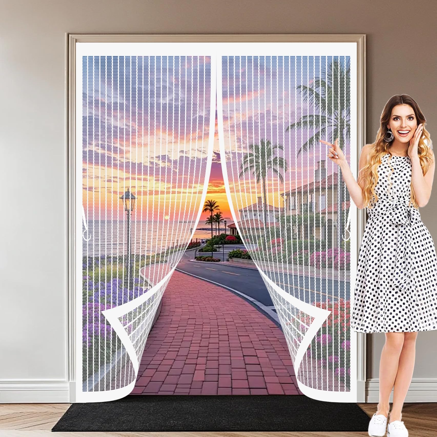 Magnetic Screen Door 195 x 195 cm with Powerful Magnets & Full Frame Magic Tape, Keep Bugs Out & Lets Fresh Air in Magnetic Screen Fly Doors for Patio Doors Bedroom, White