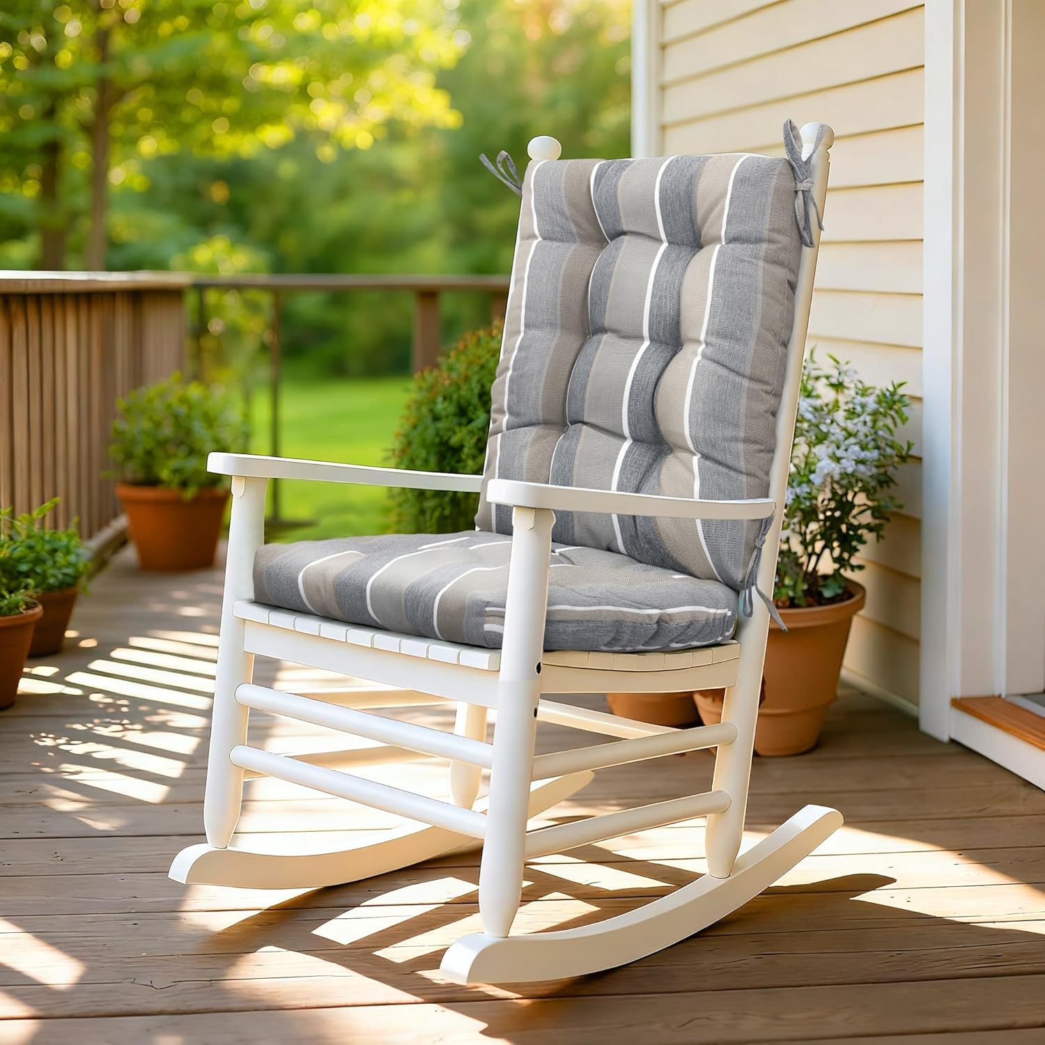 Rocking Chair Cushion Indoor 19x17 inch, Water Resistant Tufted Pads for Rocking Chairs, Non-Slip Chair Cushions for Outdoor Furniture, Grey Stripe