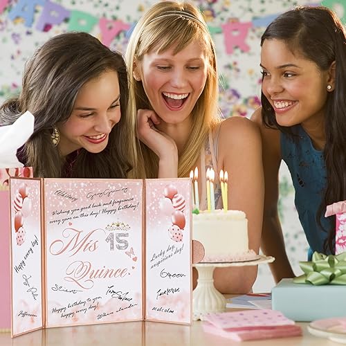 Miniatura 4 de Libro de invitados de quinceañera para decoraciones de cumpleaños de 15 años para adolescentes, signo de membrillo Mis para fiestas, centros de mesa