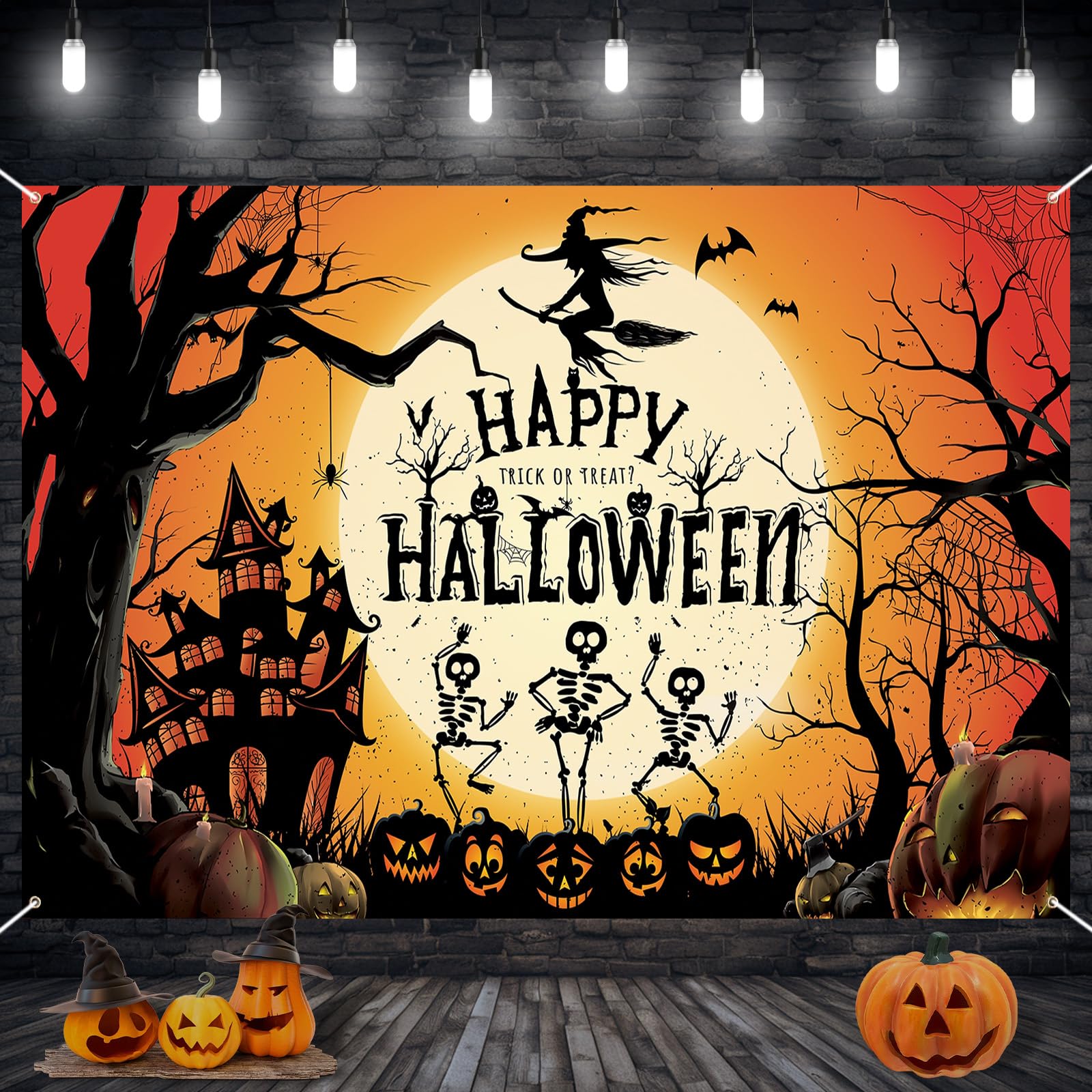Happy Halloween Backdrop Banner, Large Halloween Witch Moon Skull Background, Spooky Pumpkin Haunted House Party Decorations, Pumpkin Moon Witch Photo Booth Background for Indoor & Outdoor Party Decor