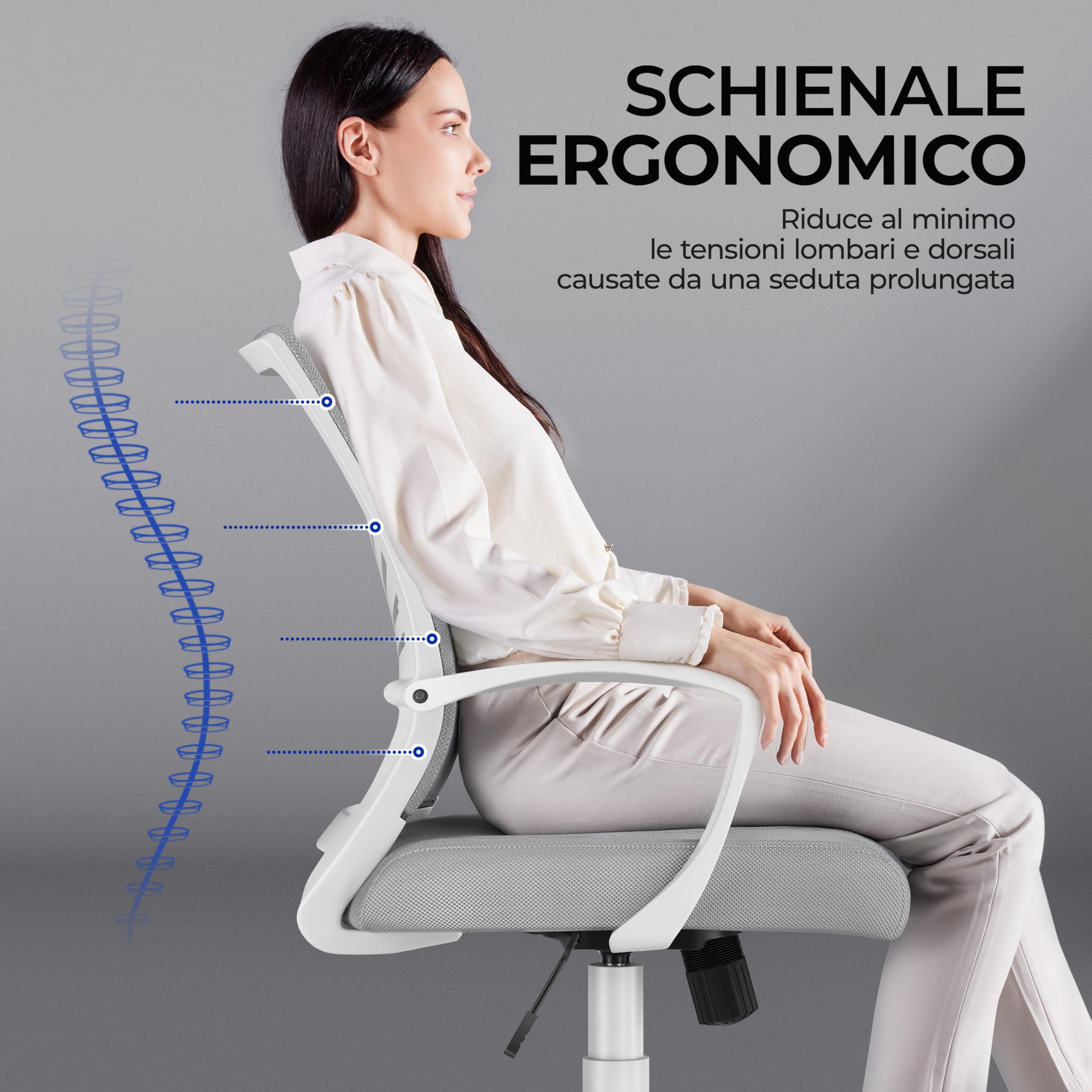 Yaheetech Sedia da Scrivania Ufficio Ergonomica a Rotelle Girevole Reclinabile in Rete Traspirante con Braccioli Altezza Regolabile Portata 136 kg Grigio Chiaro