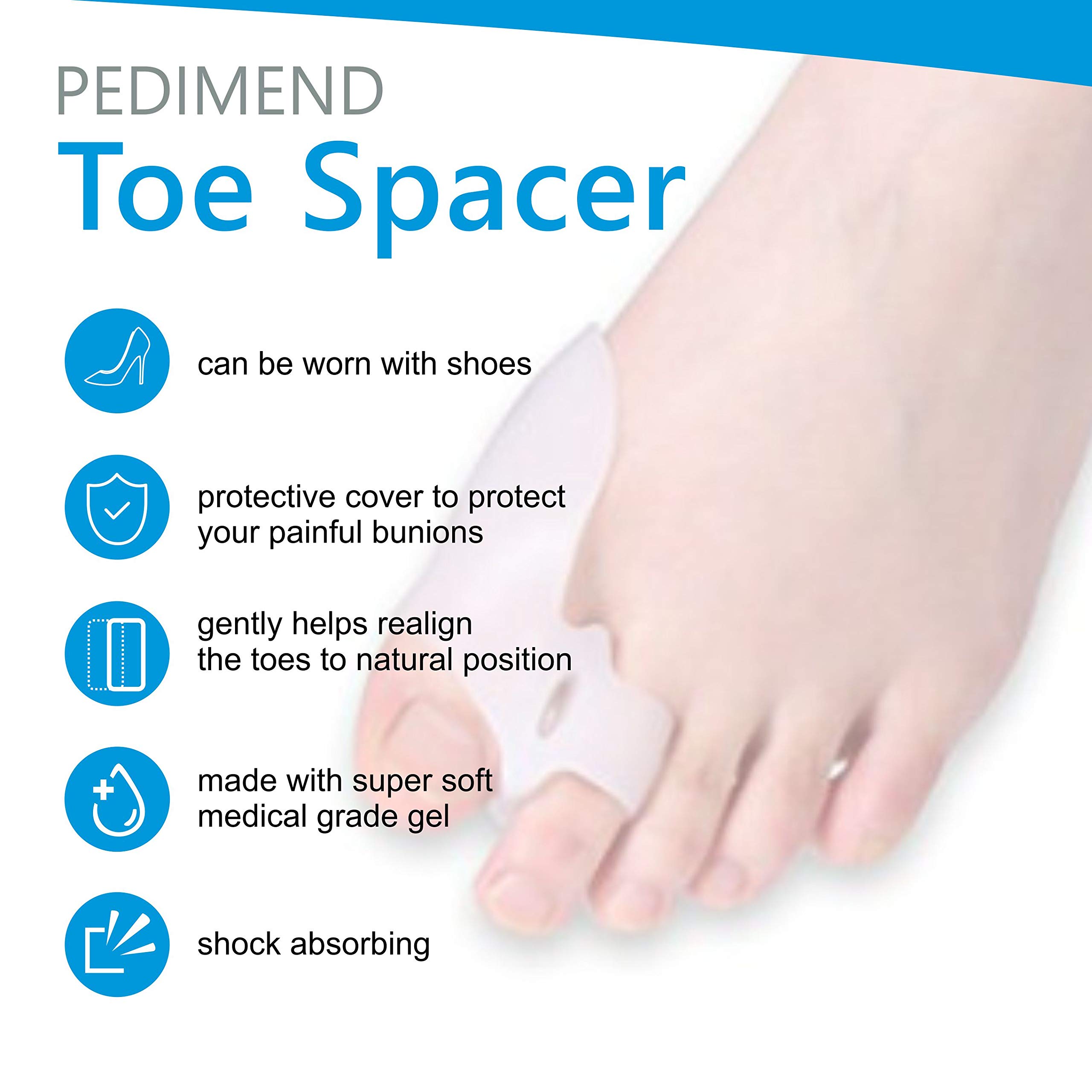 4 x Pedimend Gel-Zehenkeile für Ballenzehe, Zehenspreizer aus Silikon, für große Zehen, Hallux Valgus Korrektur-Pad, Schmerzlinderung