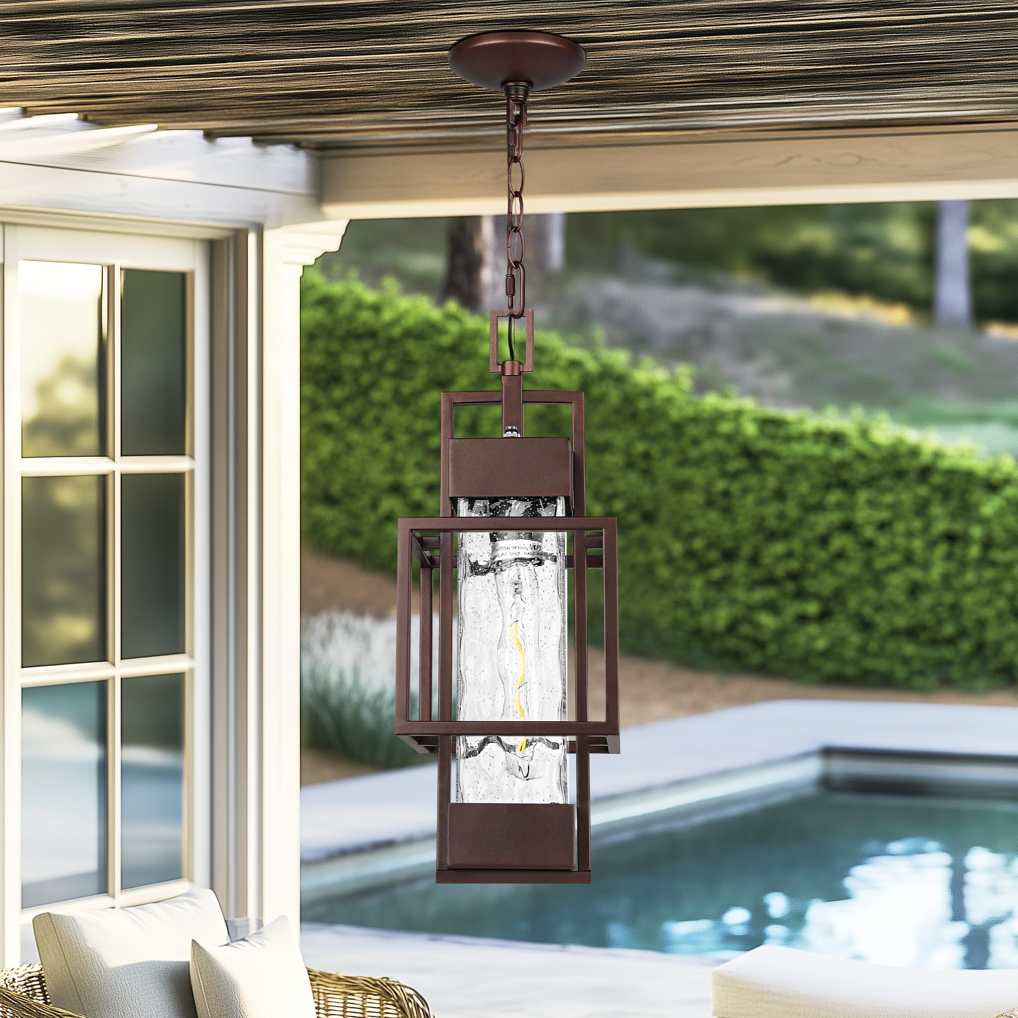PARTPHONER 15" Dusk to Dawn Outdoor Pendant Light Exterior Hanging Lantern, Modern Metal Outside Chandelier Light Fixture Ceiling Mount with Water Glass for Front Porch Entrance Foyer Entryway,Bronze
