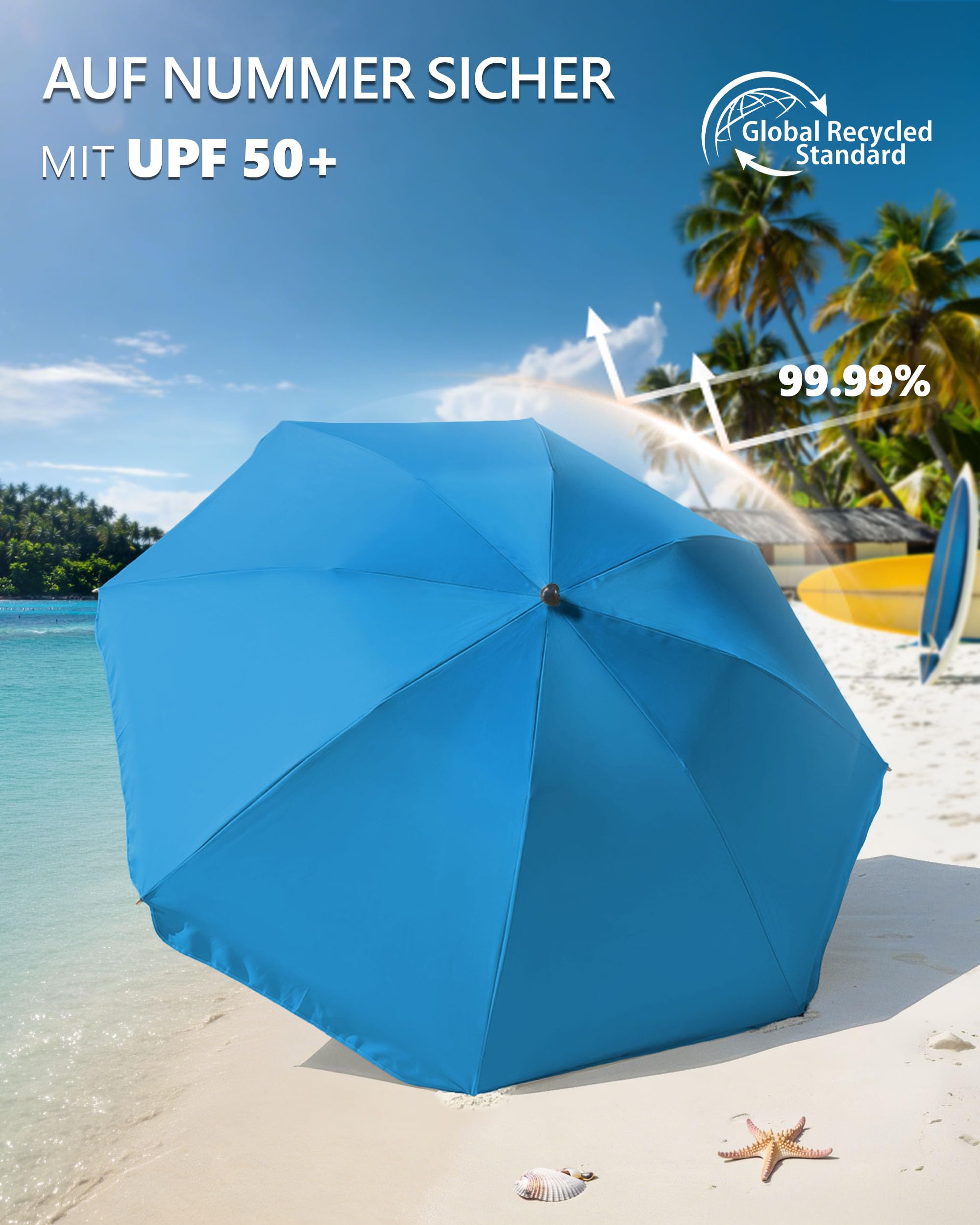4smile Sonnenschirm Strand Ø 160 cm - UPF 50+ Praktischer Reise Sonnenschirm für Koffer - Funktioneller Strandschirm klein faltbar, kompakter Strandschirm koffertauglich