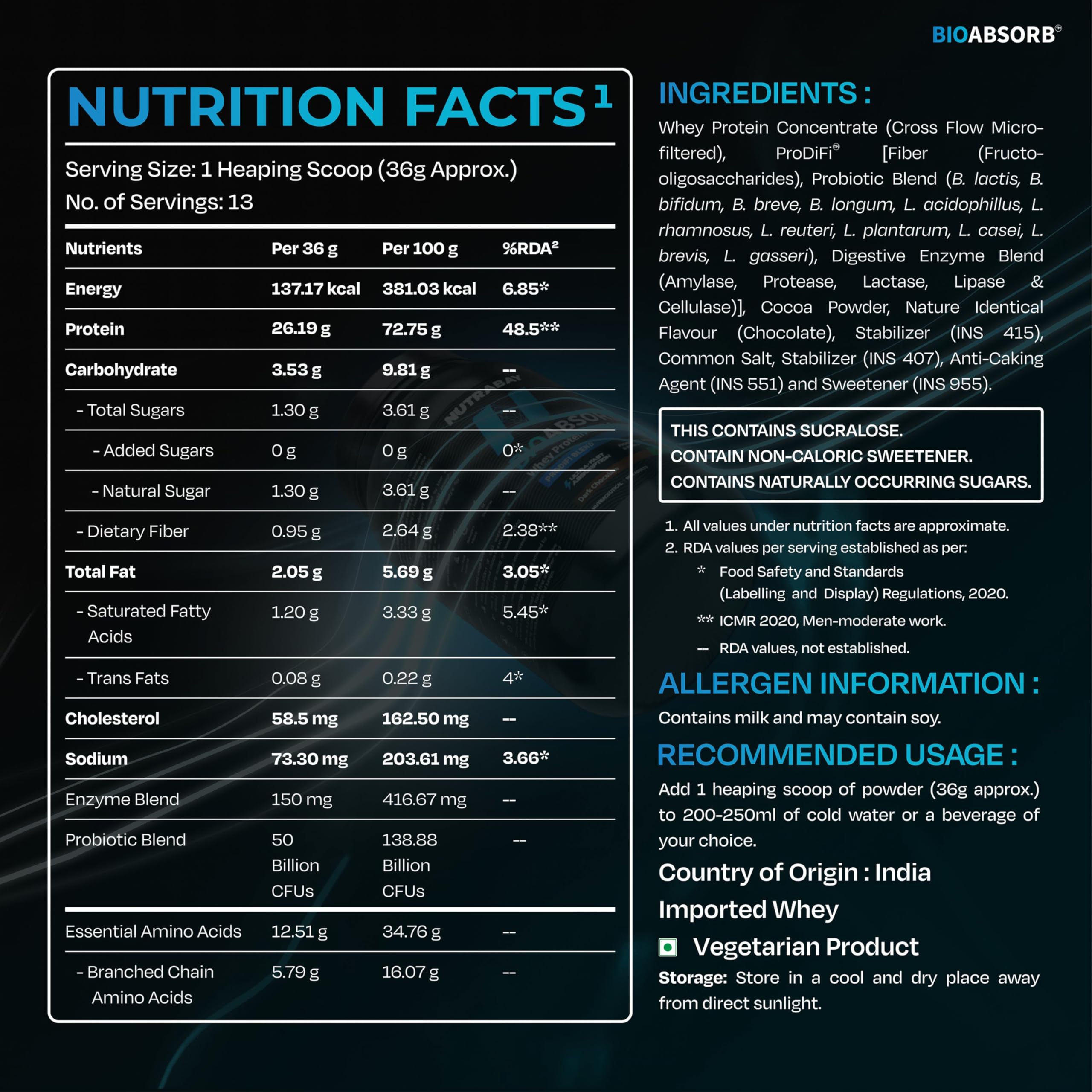 Nutrabay BioAbsorb™ Whey Protein Powder - 500g, Milk Chocolate | Clinically Tested 54% Better Absorption | 26g Protein/Scoop | India's 1st Protein with ProDiFi™ for No Bloating | No Added Sugar 4