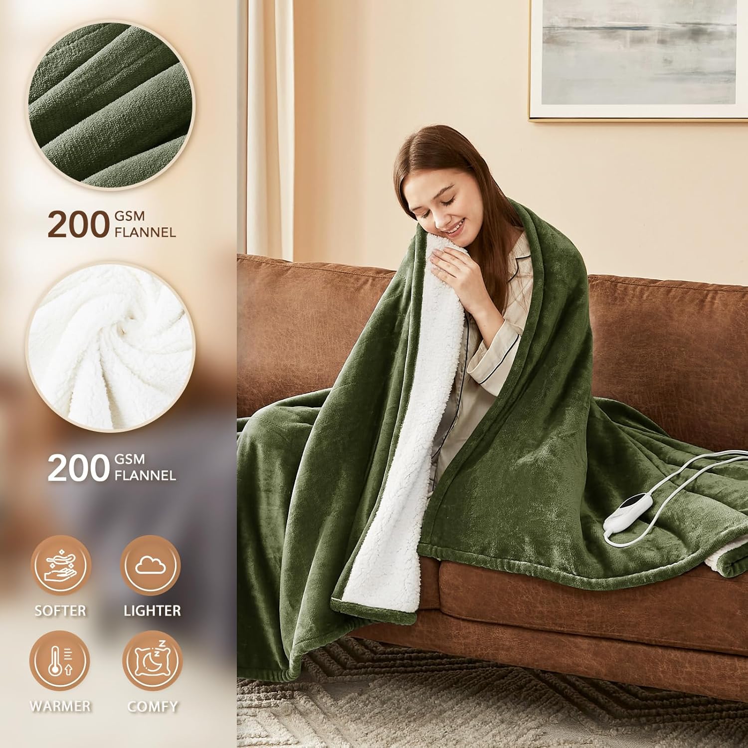 Homemate Electric Heated Blanket Full Size - 72"x84" Heating Blanket Full Size 1/2/4/6/8 Hours Auto-Off 10 Heat Level Over-Heat Protection Flannel Sherpa ETL Certification - Image 2