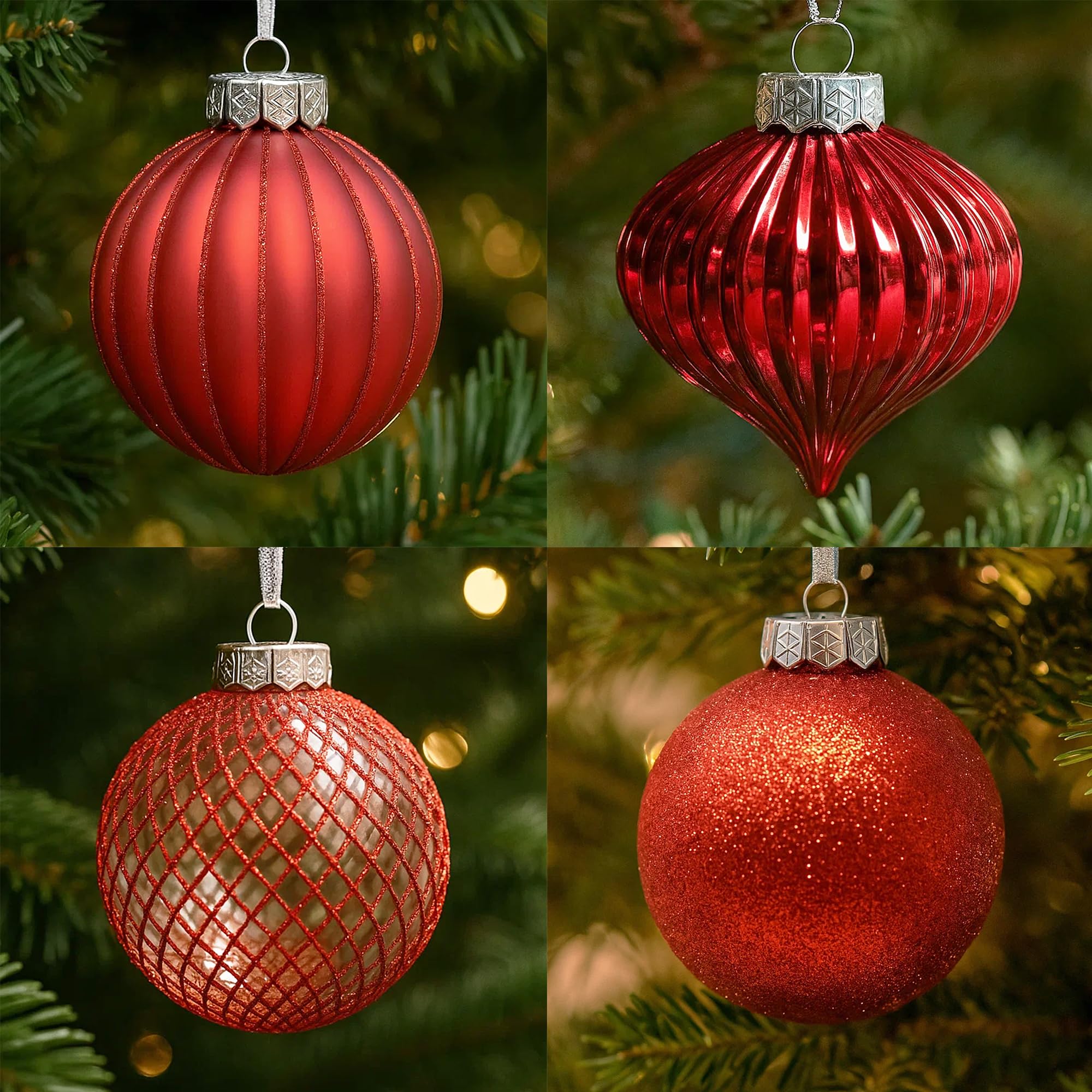 Sleetly Red 28Pk Bauble Ornaments For Christmas Tree Holiday Xmas Decorations, Shatterproof Plastic 3.15 Baubles, Icicles And Snowflakes