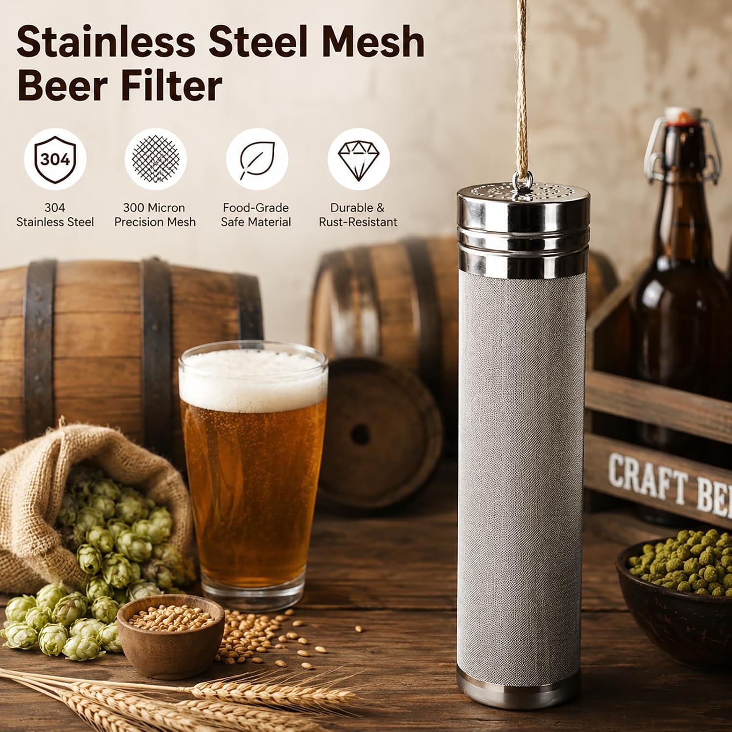 Beer Dry Hopper Filter,300 Micron Filter Stainless Steel Mesh Cornelius Keg for Home Beer Brewing Kettle (2.8 x 11.8 inch)