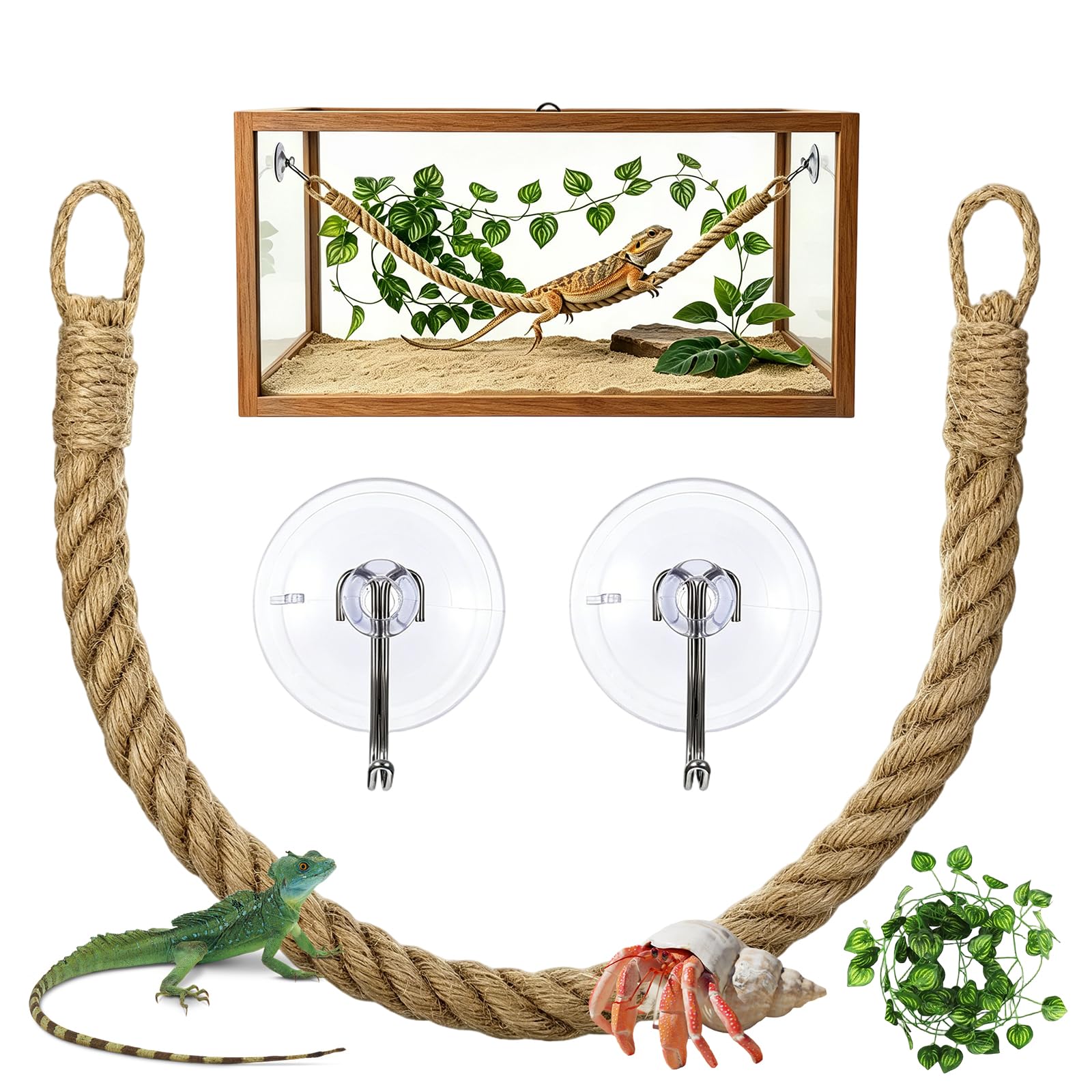 Zyetgh Khaki Reptile Tank Accessories, Reptiles Climbing Rope With 2 Hooks Gecko Vines Climbing With 2.2 M Vine Decorations For Hermit Crab Lizards Snakes Chameleon