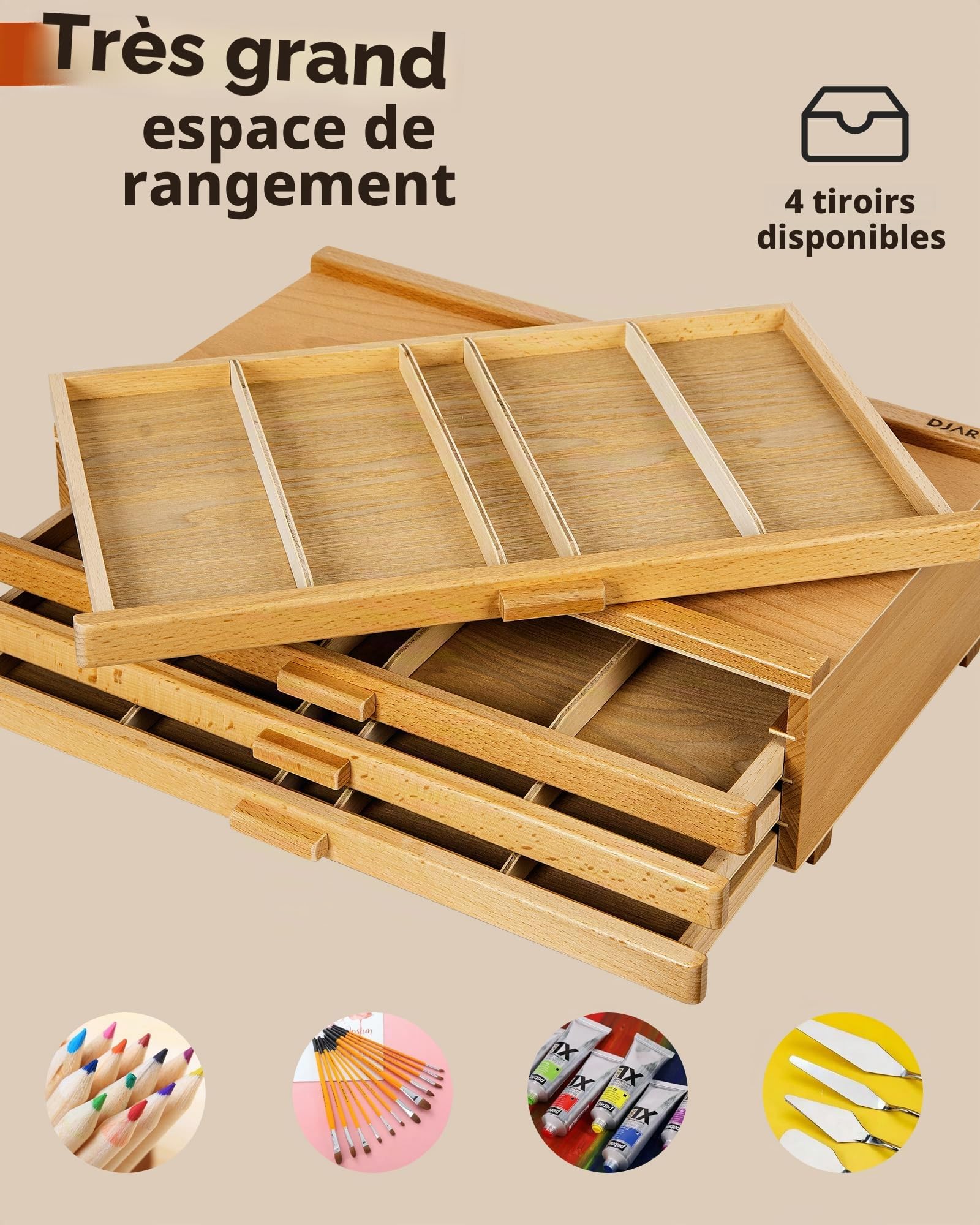 DJAR Boîte de Rangement à 4 Tiroirs pour Matériel d'Art, Organisateur de Bureau en Bois de Hêtre pour Pastels, Pinceaux, Crayons, Tiroirs Amovibles, Naturel