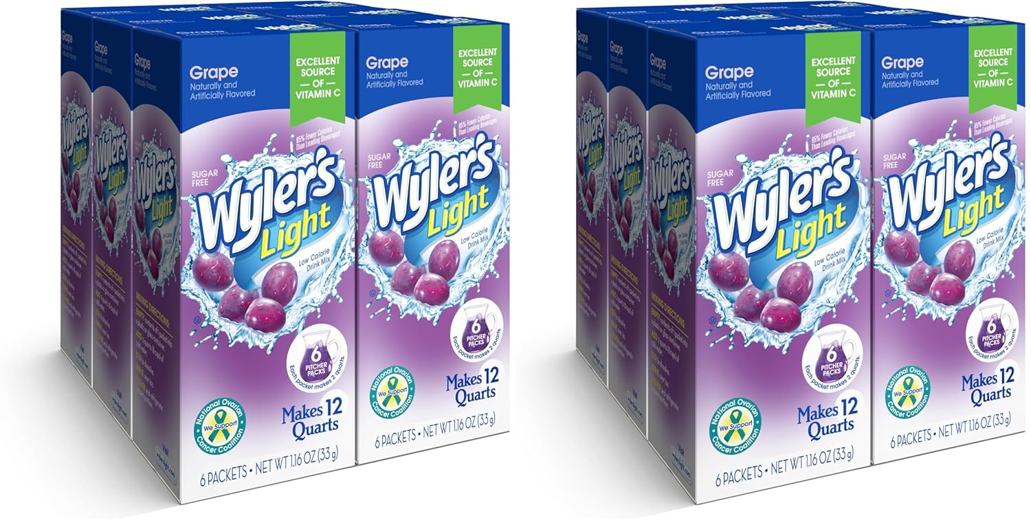 Wyler's Light Pitcher Packs, Water Drink Mix, 6 Boxes (36 Pitcher Packets) (Grape) (Pack of 2)