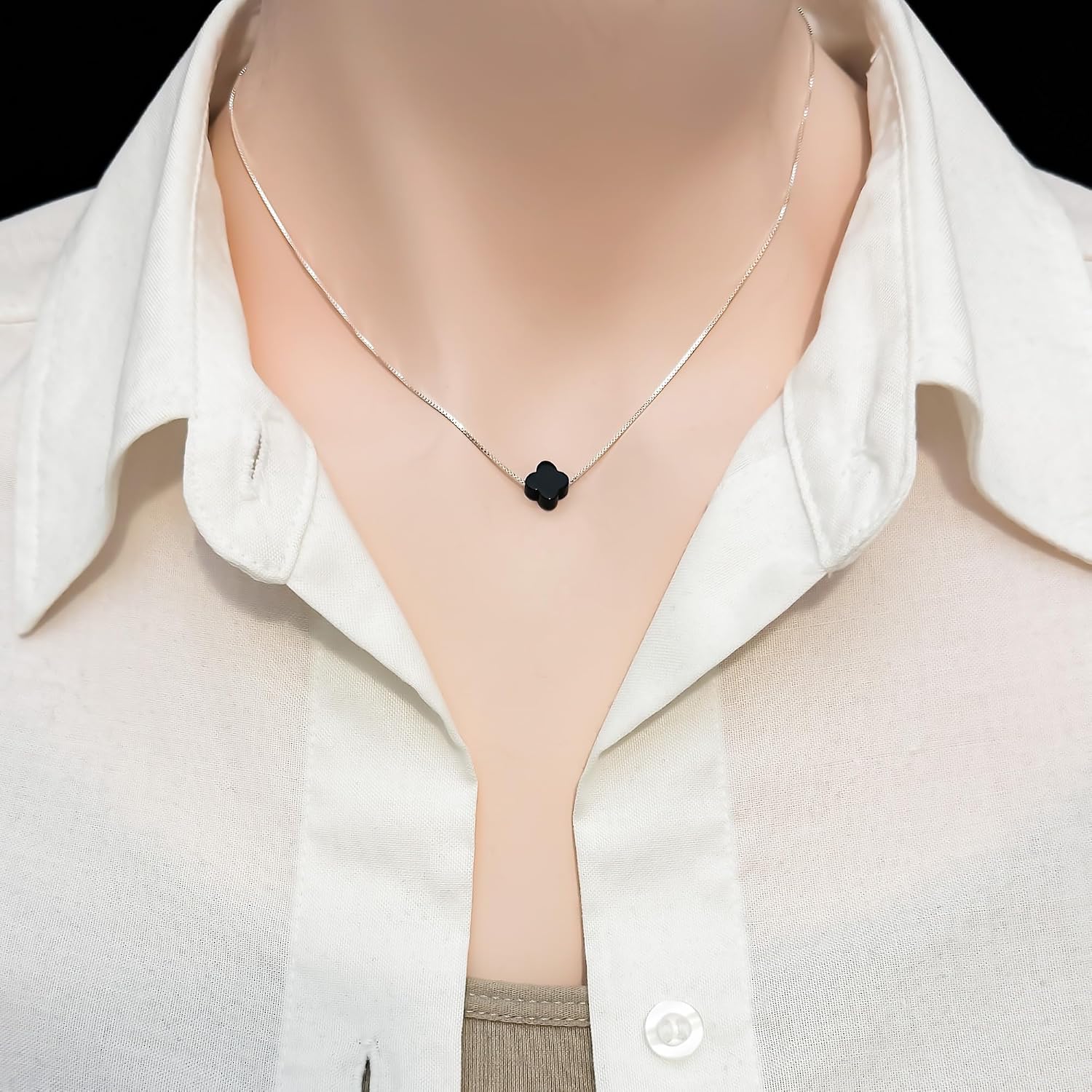 Tiny Dainty Black Onyx Four Leaf Clover Bead Necklace on Sterling Silver Chain - Birthday, Anniversary Gift for Mom Wife Girlfriend, Charm Layering Choker Necklace