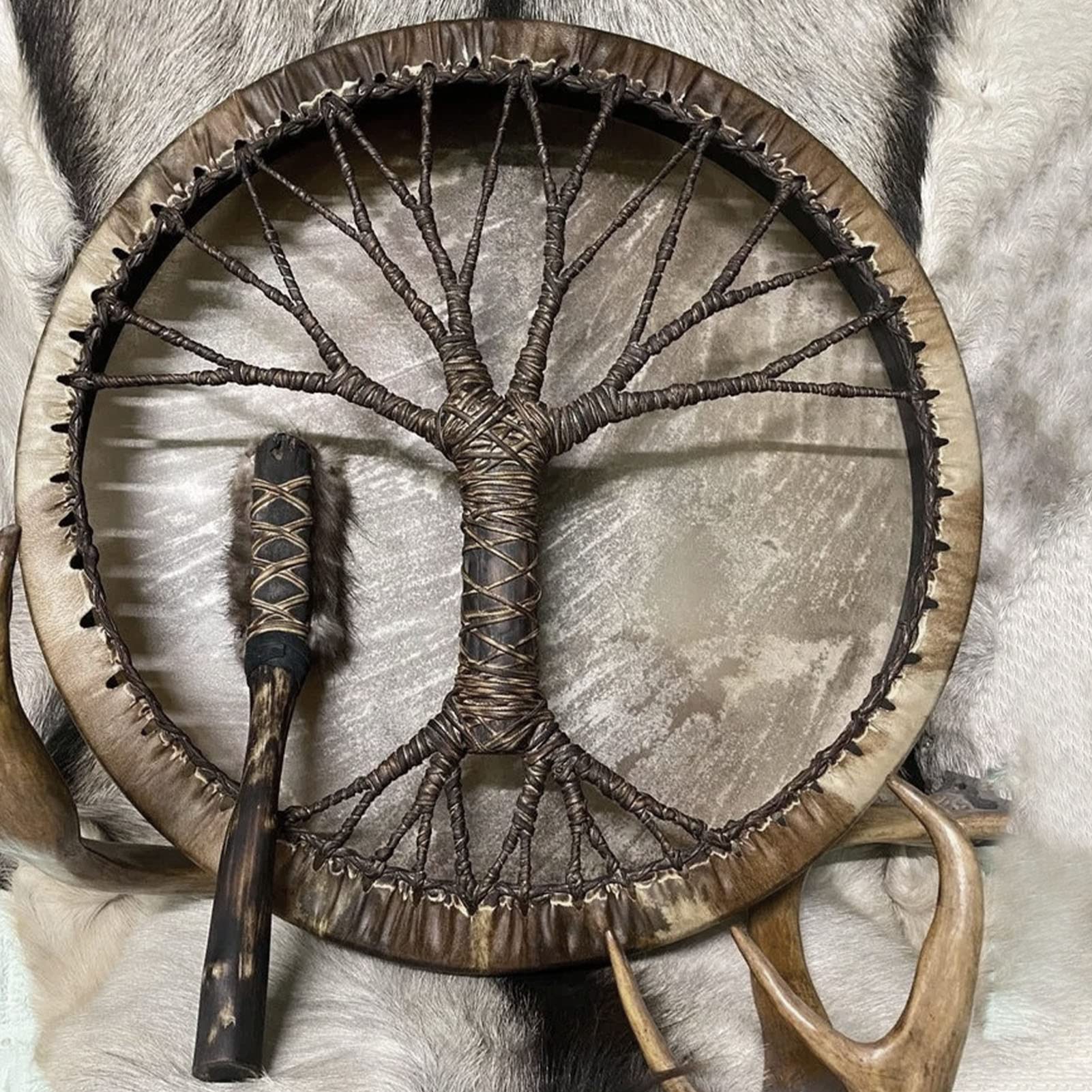 Schamanentrommel, 25cm Handtrommel mit Trommelstiel, Handgemachte Schamanische Trommel aus, Rahmentrommel für Spirituelle Musik, Klangheilung, Meditation, Heimdekoration, Schlaginstrumente