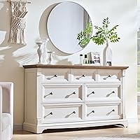 Vista 11 de Cómoda estilo granja de 6 cajones para dormitorio, cómodas y cajoneras grandes de 54" de ancho con columna romana, soporte de TV de madera