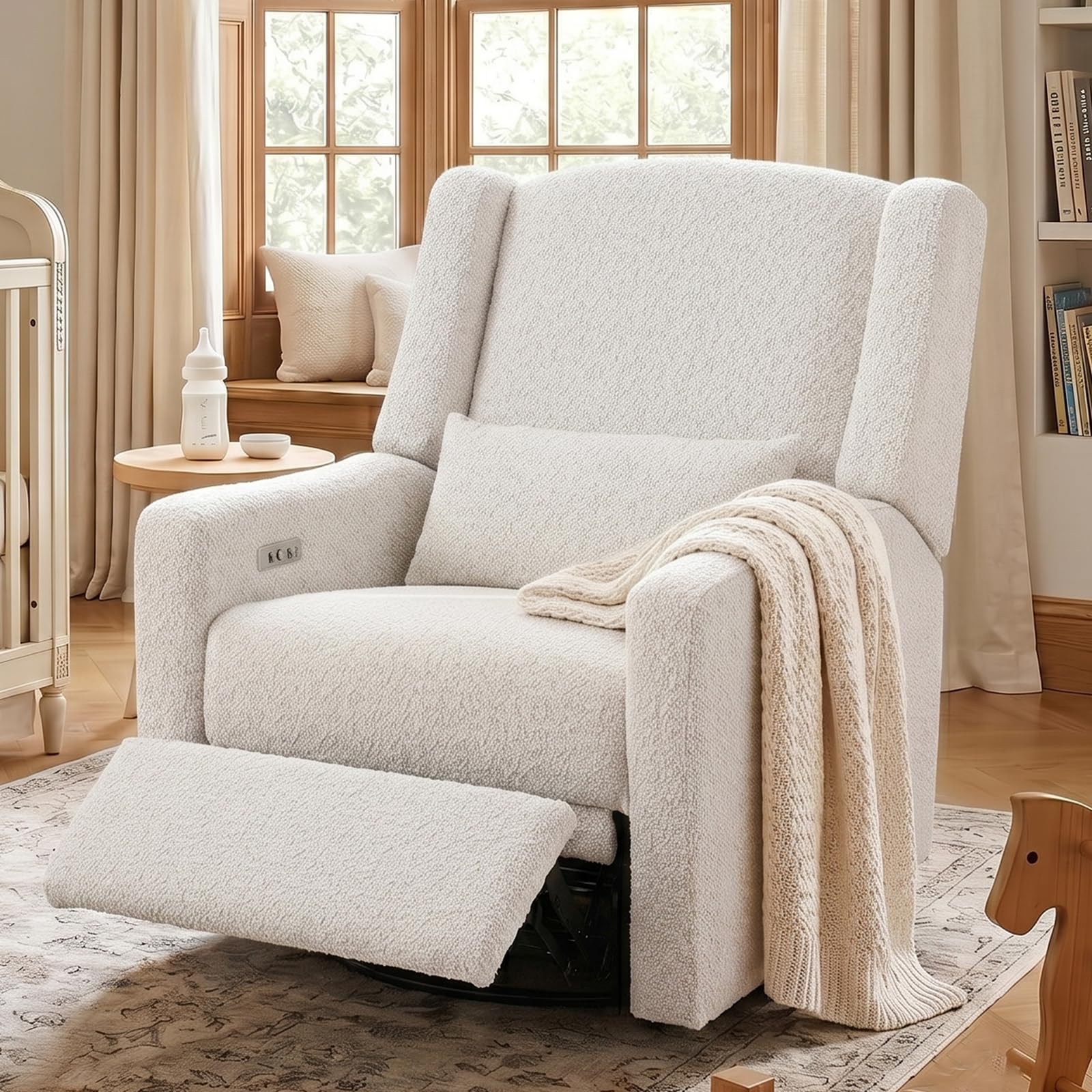 Madaha Power Recliner Chair Swivel Gilder Rocking Chairs Skin-Friendly Power Recliner Nursery Chair for Adults with Waist Pillow, USB Charging, Ottoman (Beige, Only Recliner Chair)-image-8