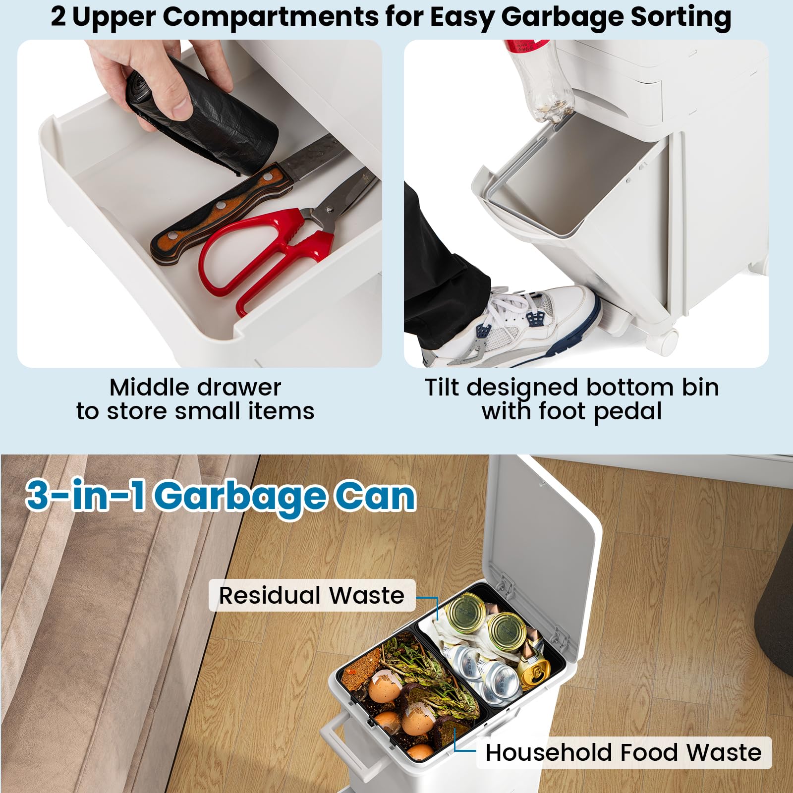 LIFEZEAL 32 L Pattumiera Differenziata a 3 Scomparti, 1 Cassetto, Pedale, 4 Ruote, Maniglia, Ganci, Apertura Facile, Bidoni Interno, Cestino Spazzatura, Secchio Rifiuti, Raccolta Differenziata Cucina