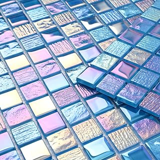 Diflart Glass Mosaic Tiles, Iridescent Blue, 1 Inch Square, Glass Linear Tile for Swimming Pool, Kitchen Backsplash, Shower Bathroom Waterline Fountain Wall, Fireplace, Pack of 5 Sheets