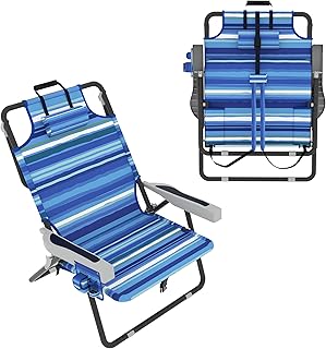 Outdoor Beach Foldable Chaise Lounge Chair with Detachable Pocket & Pillow, Portable Tanning Chair with Five Position Adjustable Back, Beach, Pool and Camping, Striped Blue