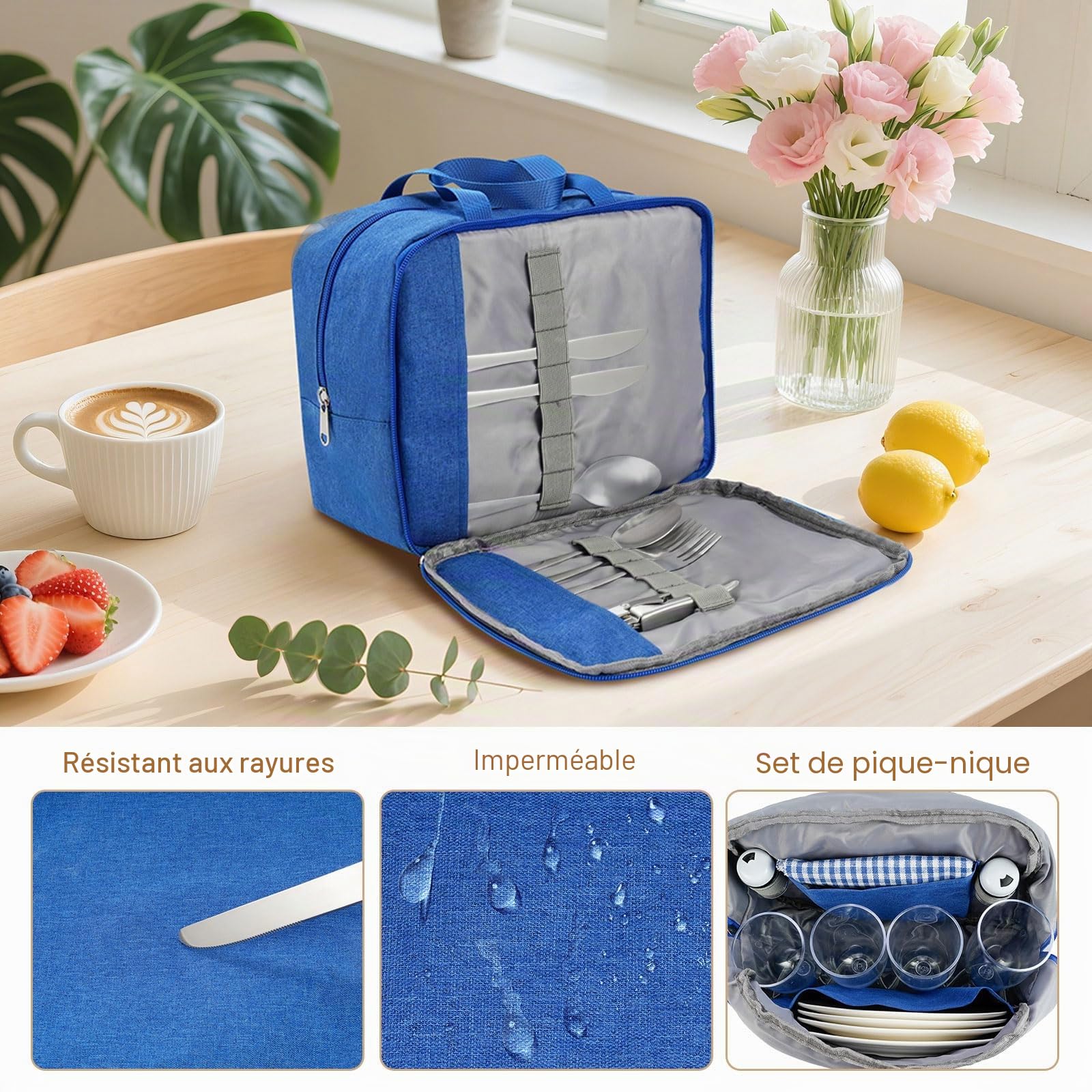 Set de Panier Pique-Nique en Osier pour 2 Personnes avec Table détachable,Sac fourre-Tout à Couverts,Couverture Imperméable, Doublure intérieure Amovible,pour Camping, Plage, Famille/Couple Cadeaux