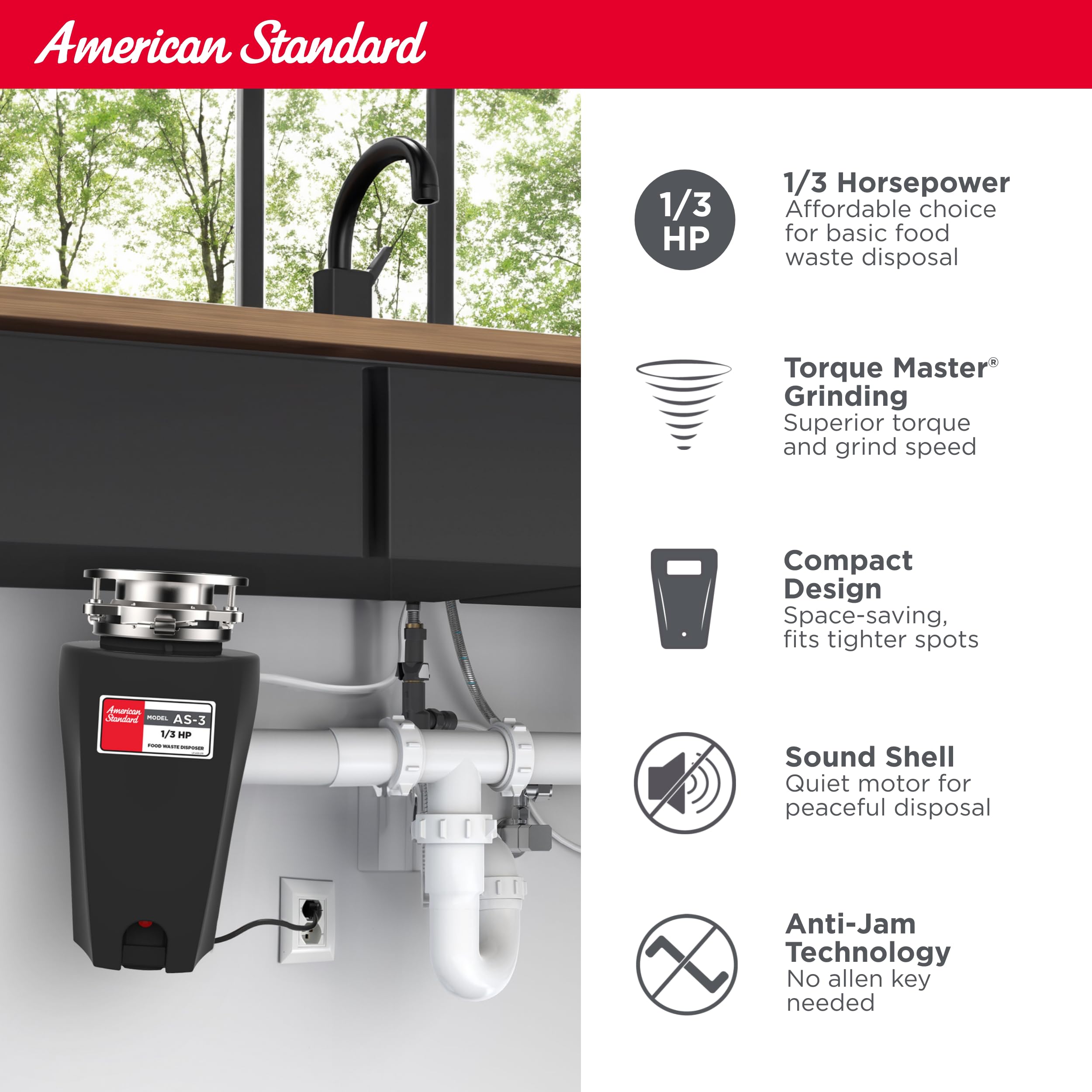 American Standard 10-US-AS-3 Sistema de molienda de residuos de alimentos de acero inoxidable antiatascos para eliminación de basura, negro