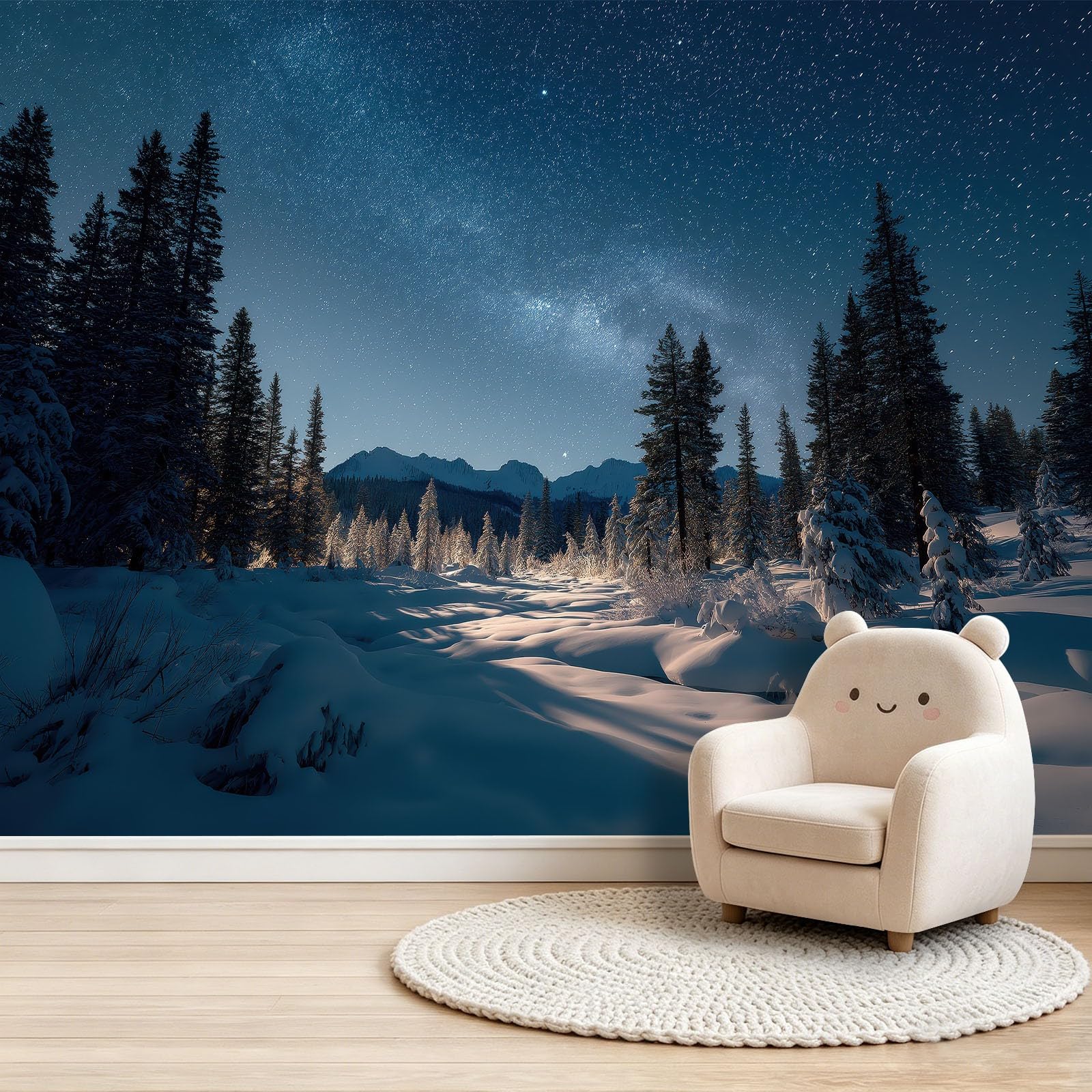 Panoramiczna tapeta 3D las las galaktyka plakat zimowy, 400 x 280 cm (dł. x wys.) Tapeta ścienna z włókniny do salonu dziecięcego Sofa dekoracja tła, ciemnoniebieski