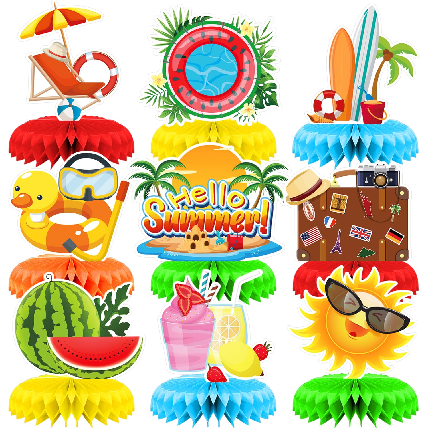 Mtbricey 9 Pieces Hawaiian Luau Honeycomb Centerpieces 3D Tropical Honeycomb Table Topper for Men Women Birthday Party Table Decorations for Aloha Summer Beach Pool Home Party Favor
