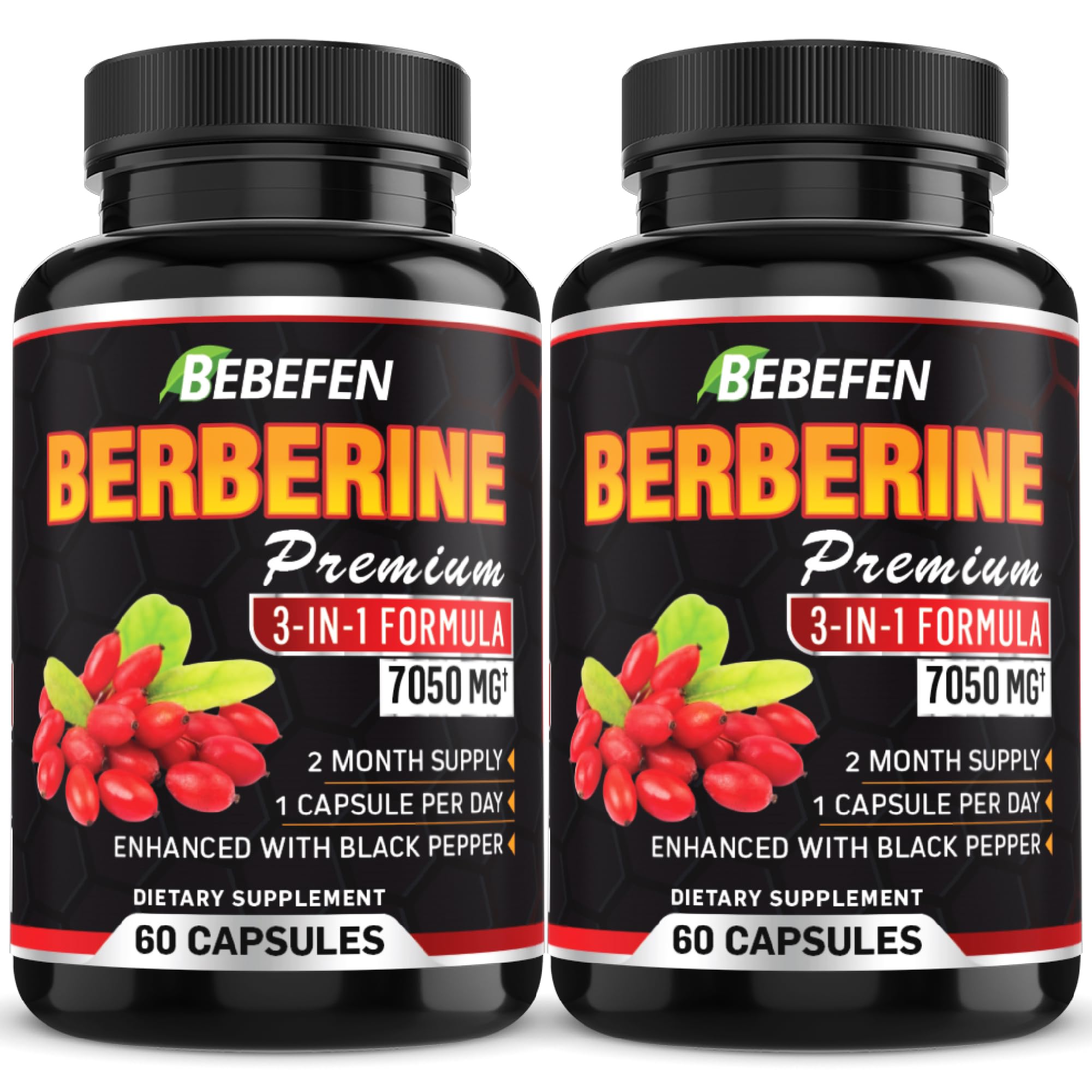 BEBEFEN 2 Packs Premium Berberine Supplement - 7050mg Formula Pills with Black Pepper Extract - 4 Month Supply - Berberine Supplement for Supports Immune System & Overall Well-Being