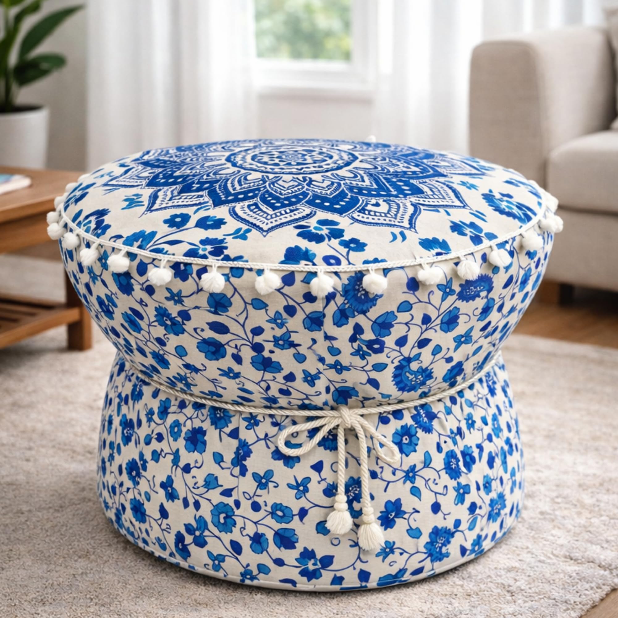 Blue-White Boho Pouffe Ottoman Muda Cover Round Mandala Print Cotton Footstool Set of 1 Pieces Mudda Cover ONLY-image-26