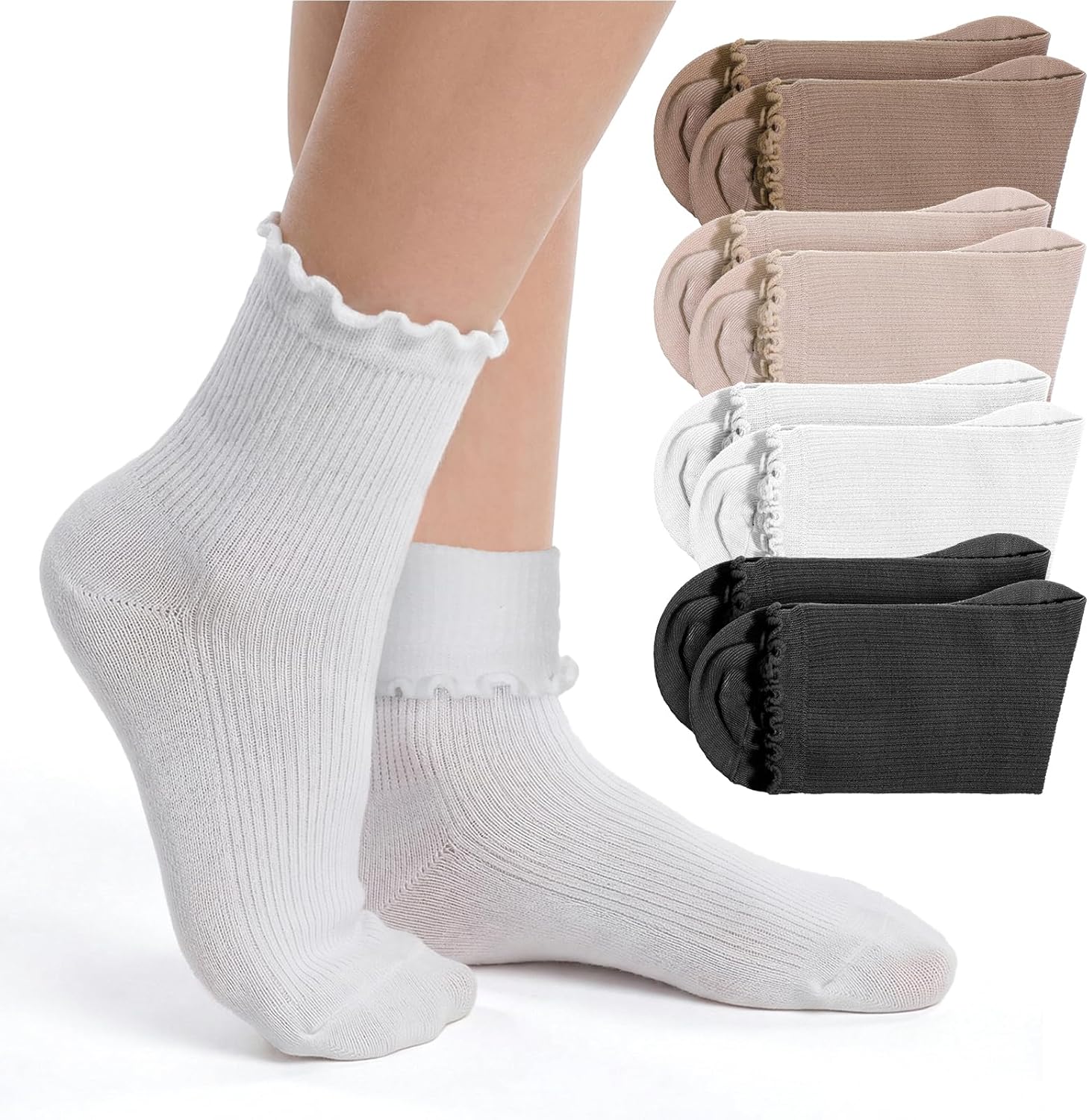 4 Pairs Womens Ruffle Socks, Cute Ruffle Frilly Turn Cuff Ankle Socks Breathable Knit Crew Sock Casual Solid Cotton Warm Sock for Women Girls