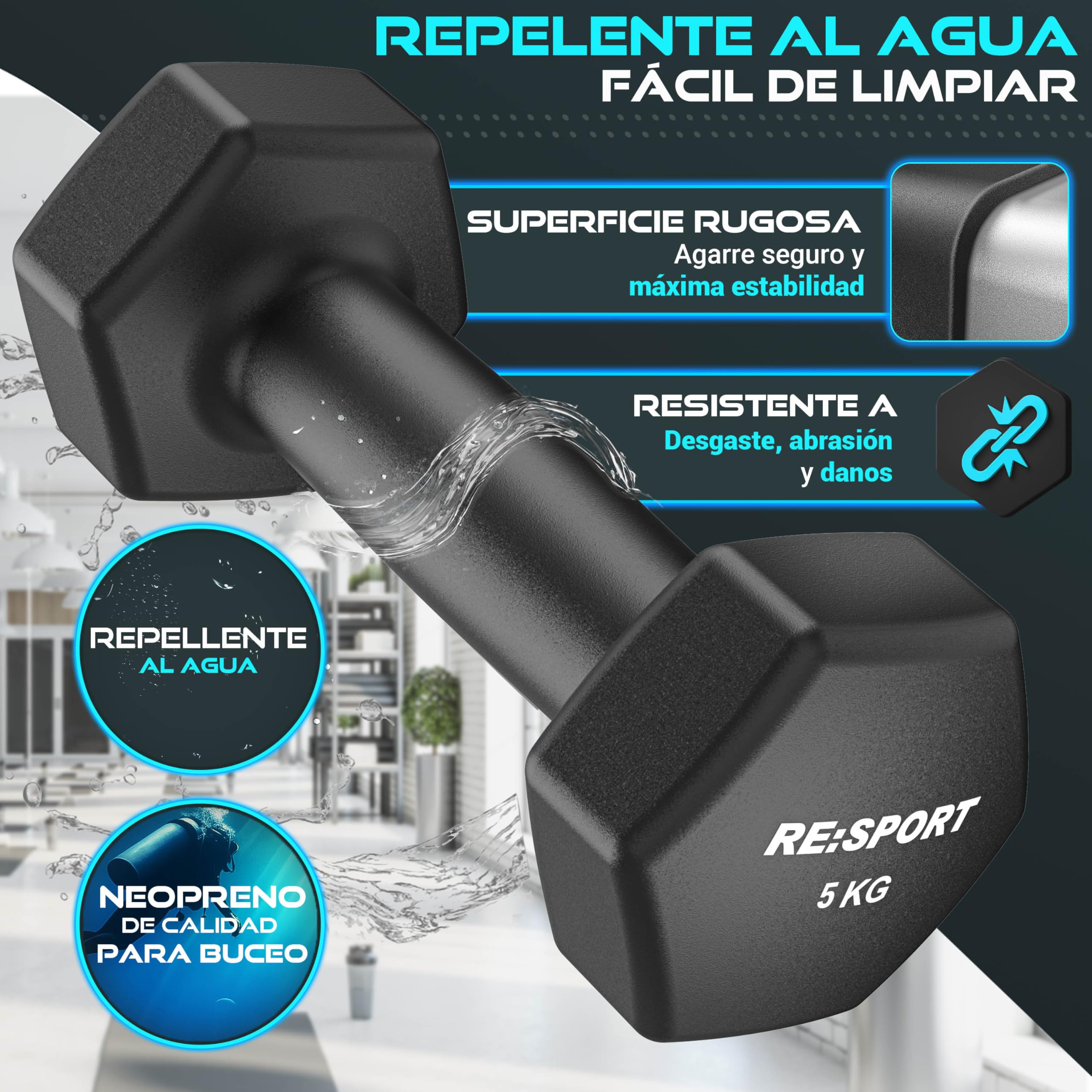 RE:SPORT Juego de mancuernas de 3 pares, 1 kg – 5 kg, 12 kg o 18 kg, con soporte y 3 bandas de fitness, mancuernas antideslizantes de neopreno para hombre y mujer