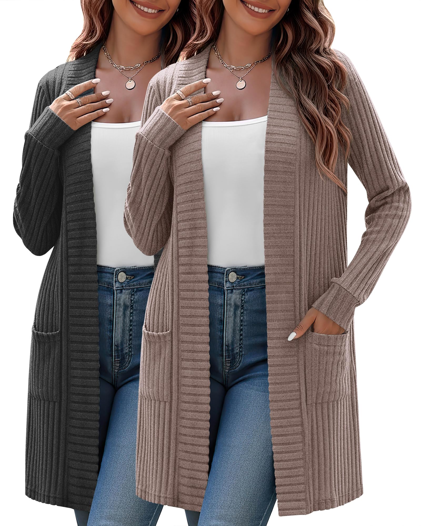 Huukeay 2 Pack Womens Plus Size Cardigans Long Sleeves Knit Outerwear Coats Open Front Casual Winter Sweaters with