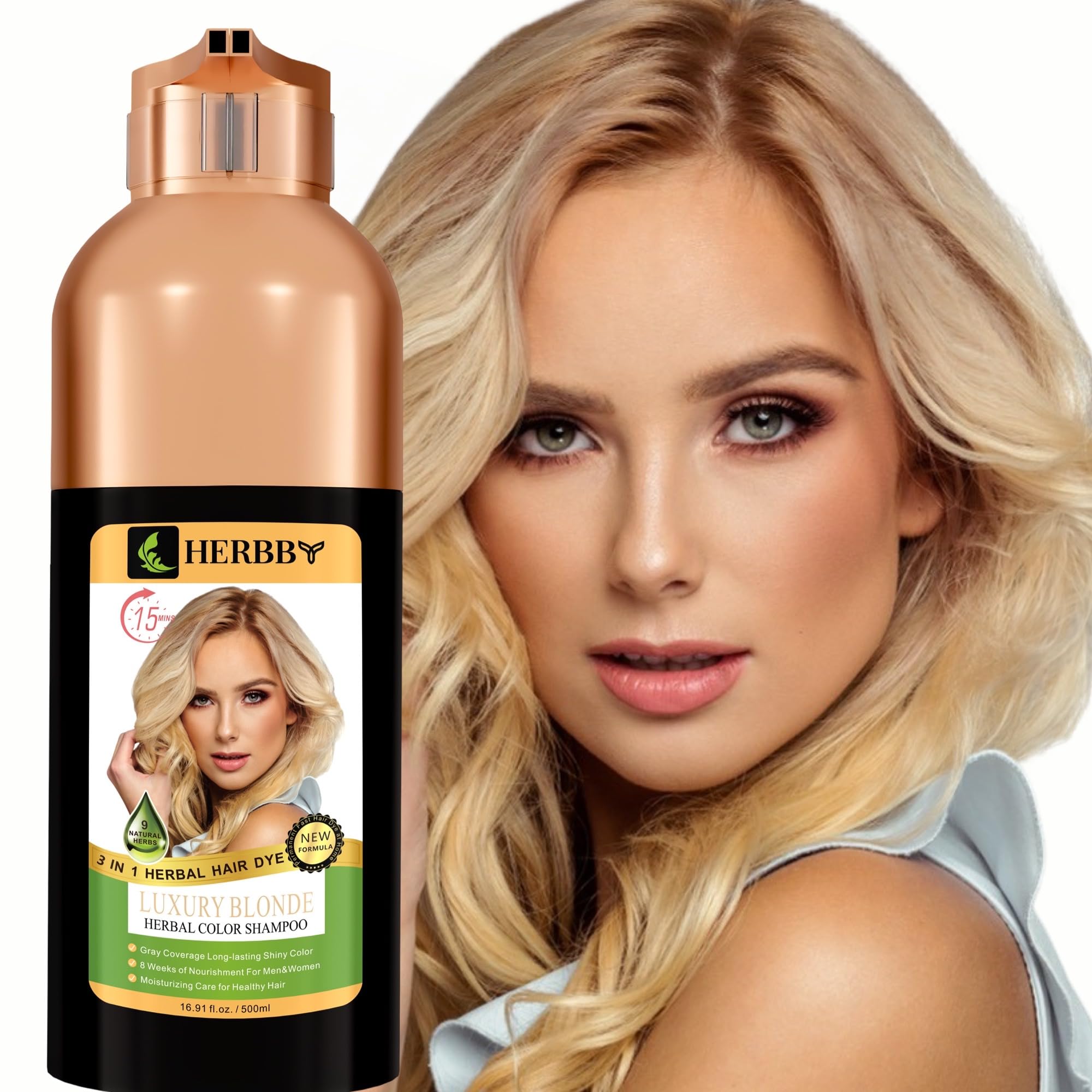 HERBBY Hair Color Shampoo for Gray Hair Coverage&Color Transform with 9 Herbal Extracts –Long Lasting(6-8 Weeks),Shiny,Evenly Colored,Instant Hair Dye Shampoo&Conditioner,500 Ml (LUXURY BLONDE COLOR)