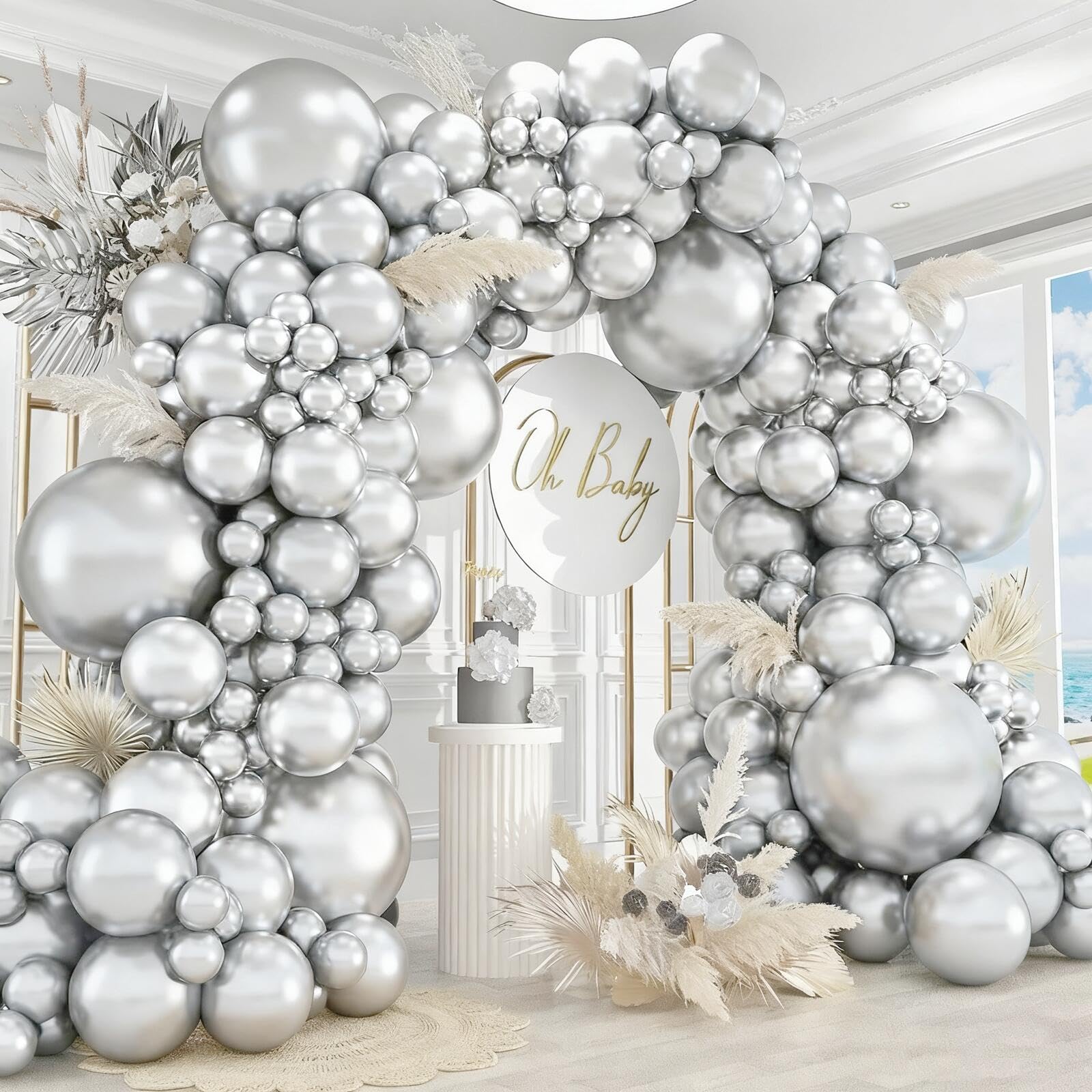412pcs Metallic Silver Balloon Garland Arch Kit 18 12 10 5 Inch Different Sizes Latex Chrome Balloons for Baby Shower Birthday Graduation Wedding