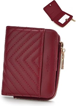 Small Bifold Wallets Woman RFID Mini Wallet for Women Slim Card Holder with Zipper Coin Pocket & 2 ID Windows Burgundy