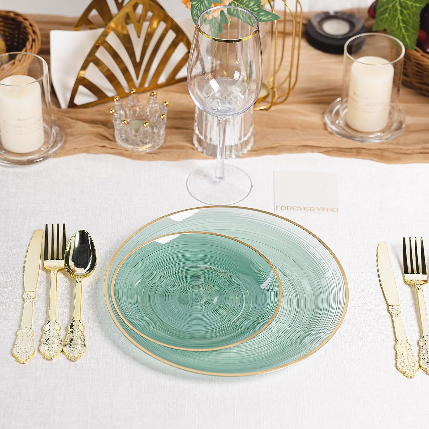 80pcs Disposable Clear Green Plastic Plates With Gold Rim, Include 40-7 inch Dessert Plate and 40-10 inch Dinner-Plates for Party, Wedding and Birthday