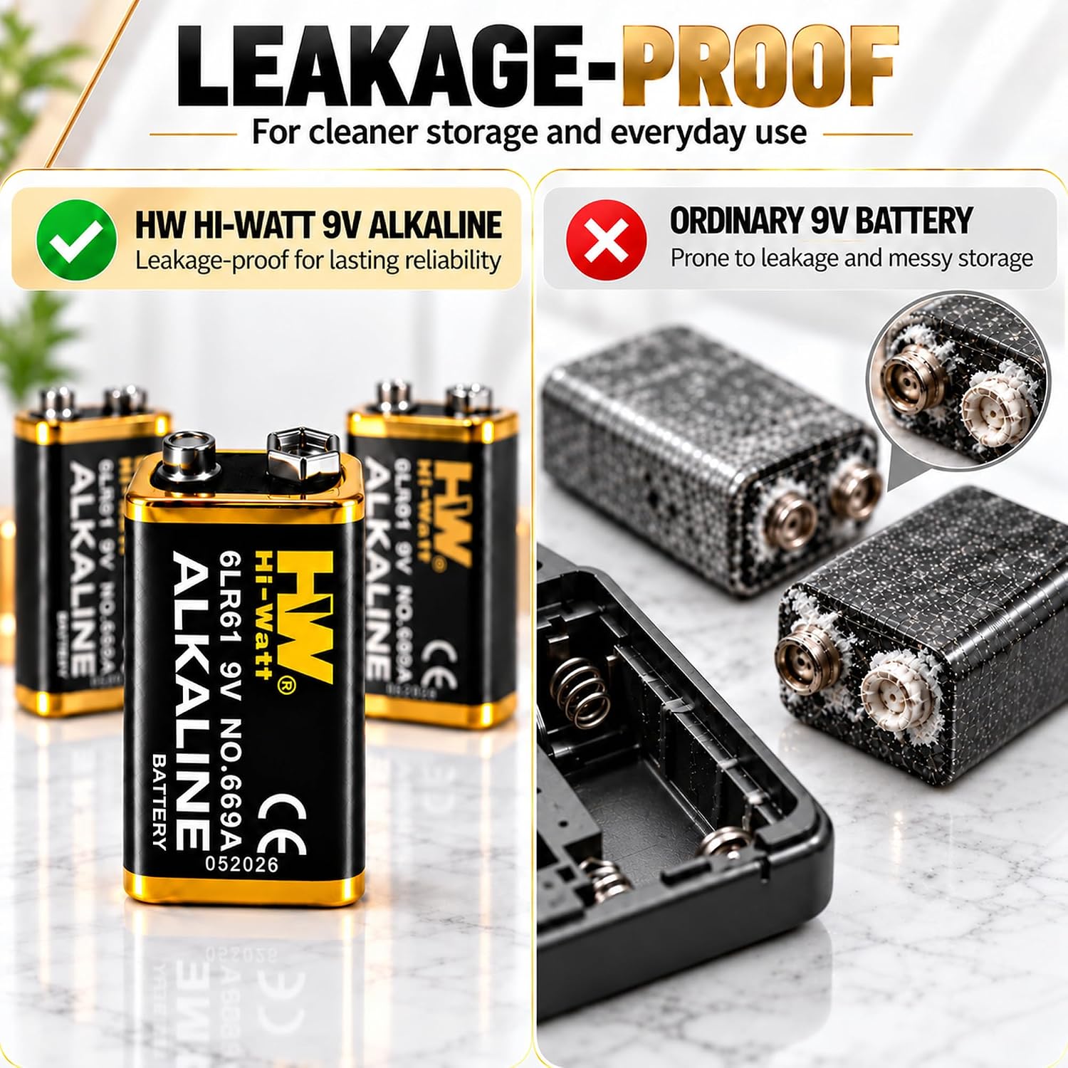 HW 9 Volt Alkaline Batteries Low self-Discharge 8 Pack for Radio Equipment