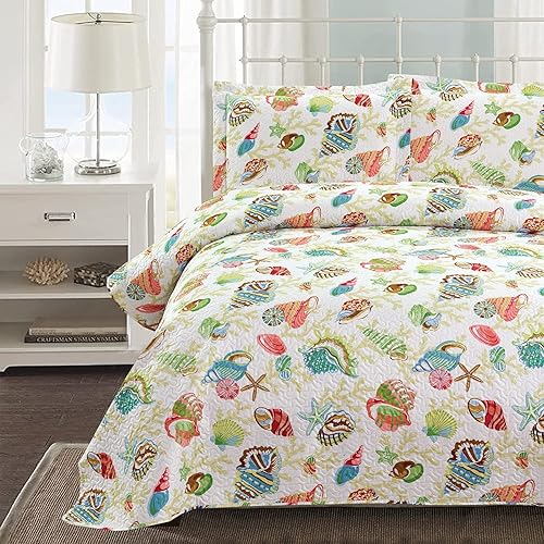 Miniatura 6 de Jarson Juego de edredón costero ligero para el hogar, colcha de verano tamaño King, juego de colcha reversible de 3 piezas de conchas de playa,