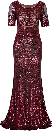 Vijiv 1920s Long Wedding Prom Dresses 2/3 Sleeves Sequin Beaded Party Formal Evening Gowns