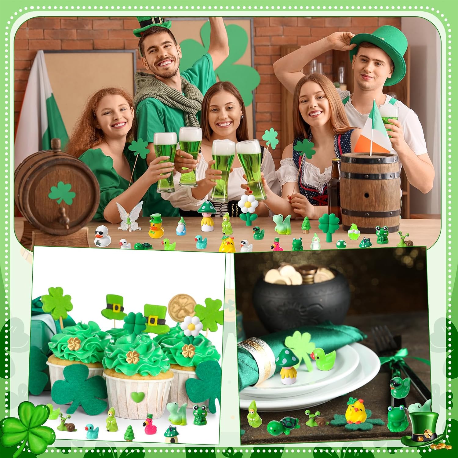 32 Pcs St. Patrick’s Day Miniature Figurines, Green Mini Resin Ducks Bulk, Lucky Mini Golden Four-Leaf Clover Figurines for St Patrick’s Day Party Favors Irish Day Accessories (32 Styles)
