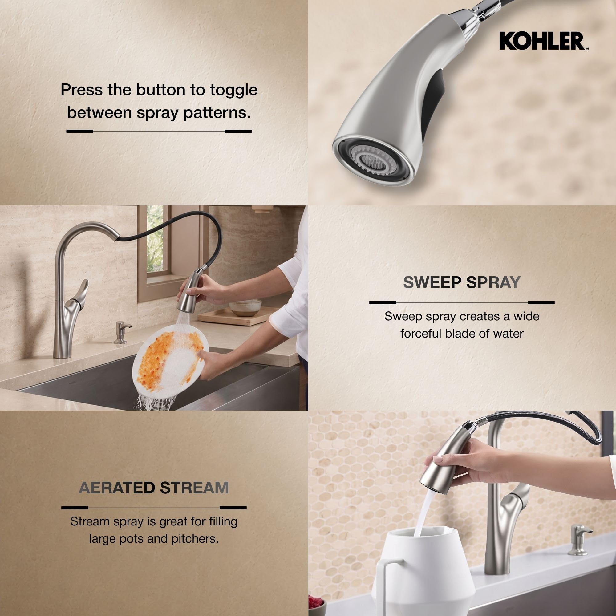 Kohler Emile 26448IN-4-VS Metal Pull-Down Sprayer Kitchen Faucet, Sweep Spray with Multi-function Docking Spray Head Technology (Vibrant Stainless Steel Finish) 2