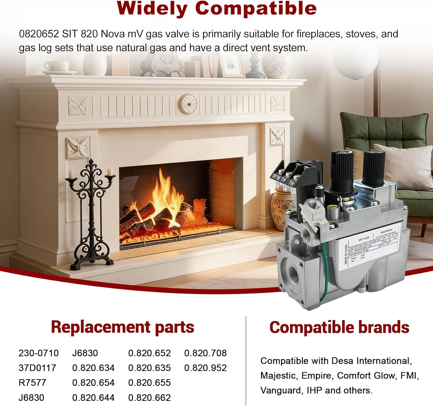 0820652 Natural Gas Fireplace Valve Replacement, Compatible with Sit-820 Nova Gas Valve, Direct Vent Fireplace Millivolt Gas Valve, Suitable for Various Direct-Vent Gas Fireplaces, And Gas Log Sets