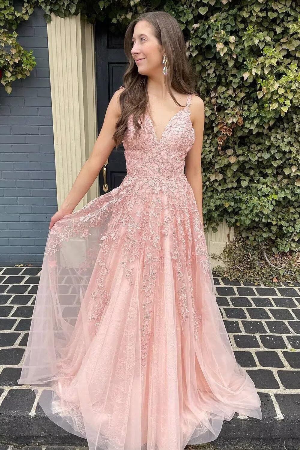 V Neck Glitter Tulle Prom Dresses 2025 Long Sparkly Lace Appliques A Line Formal Evening Party Dress